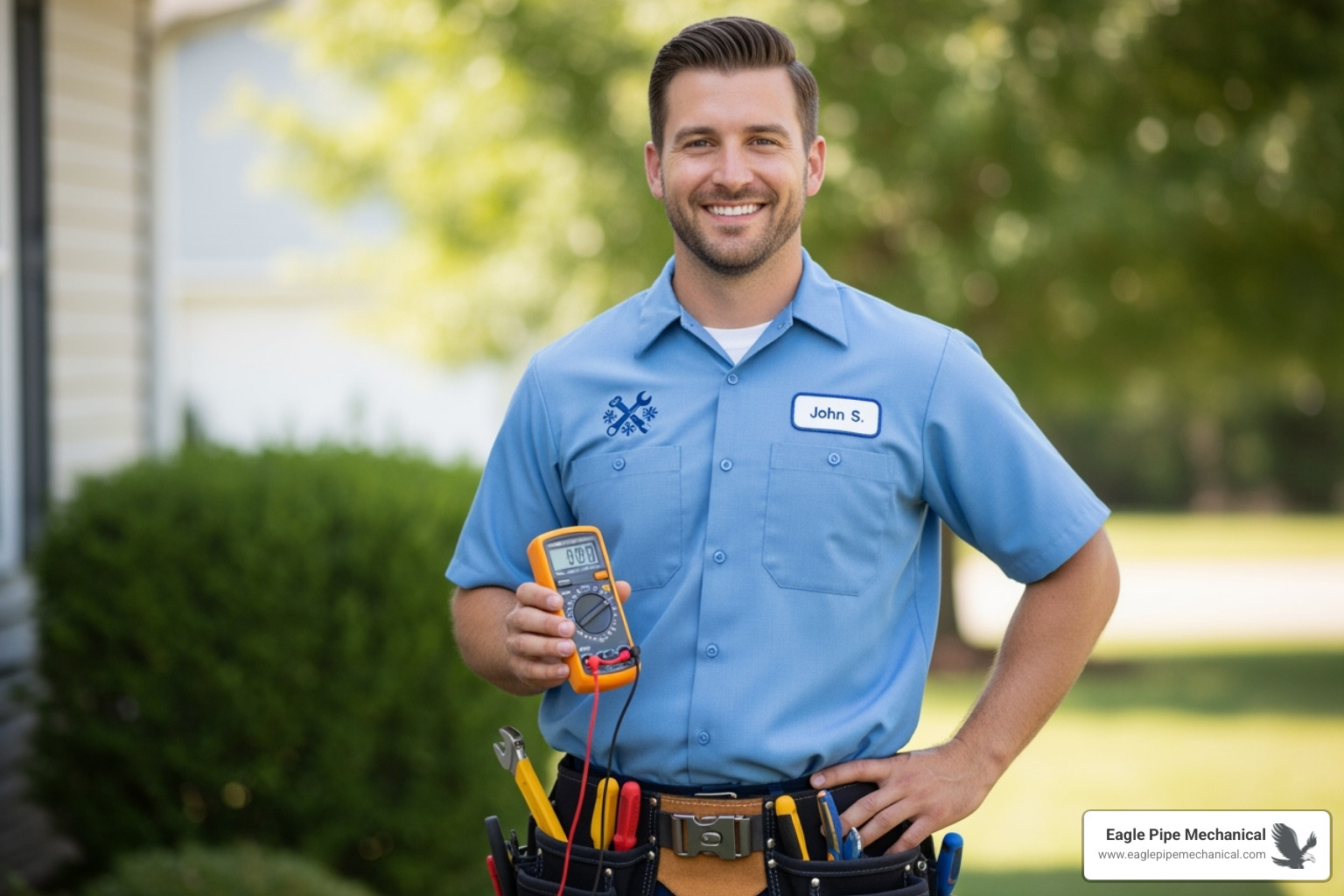 friendly, professional HVAC technician smiling - hvac installation new construction bainbridge island
