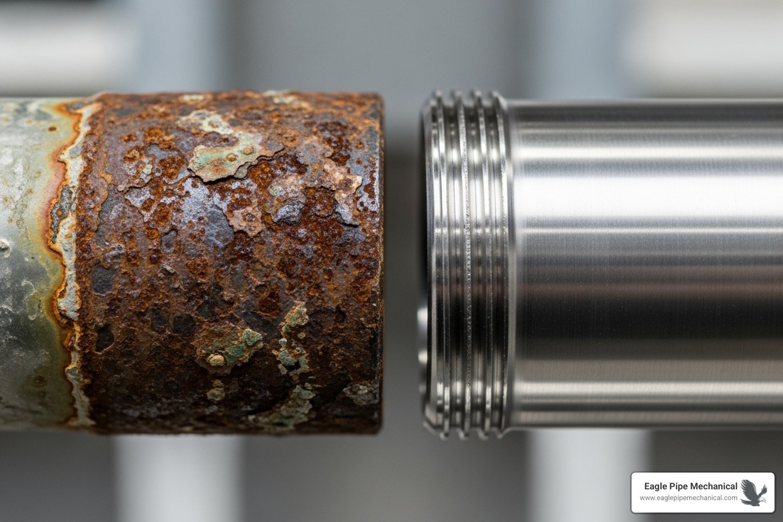 corroded pipe next to a new one - plumbing installation service