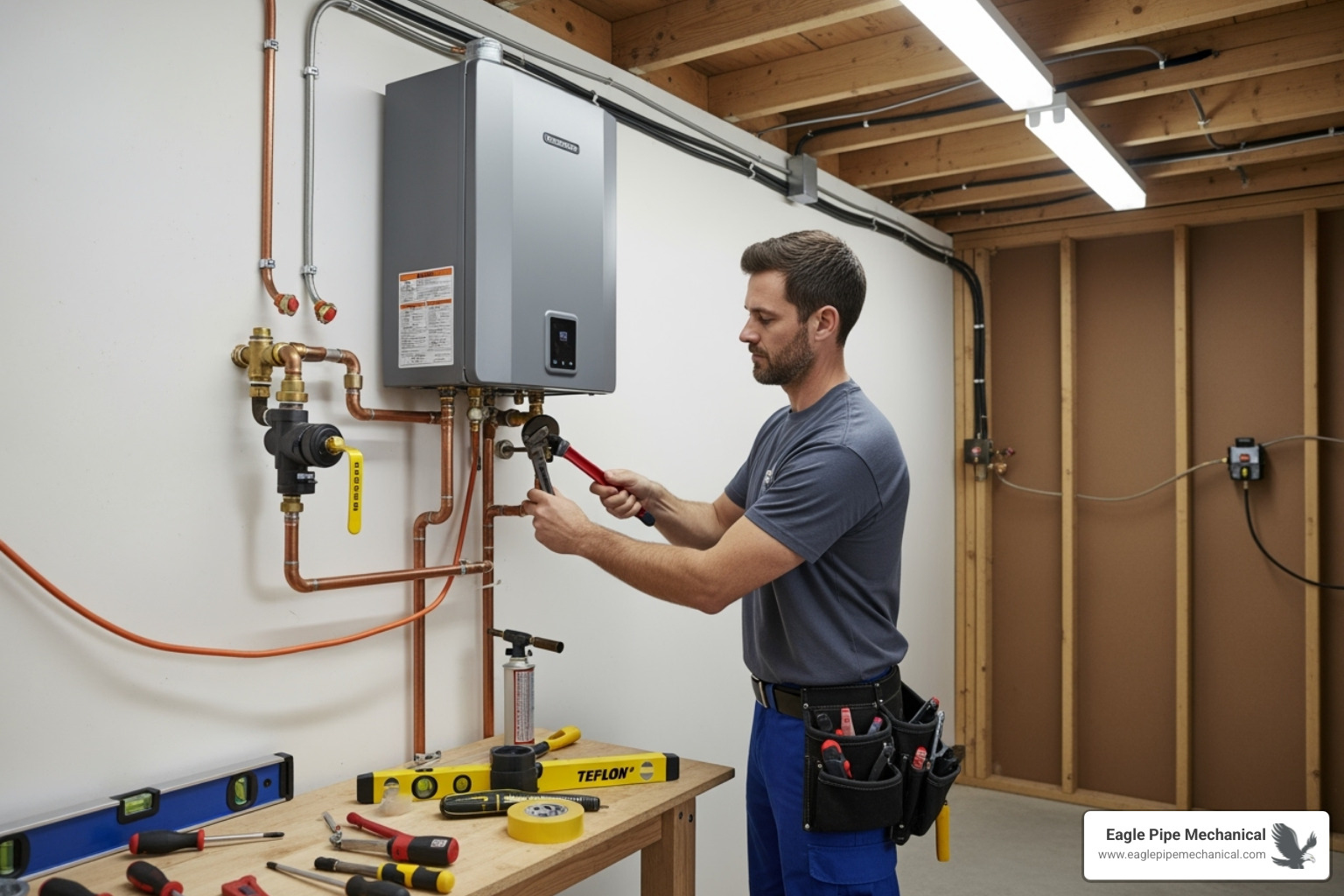 plumber installing a new tankless water heater - plumbing installation service