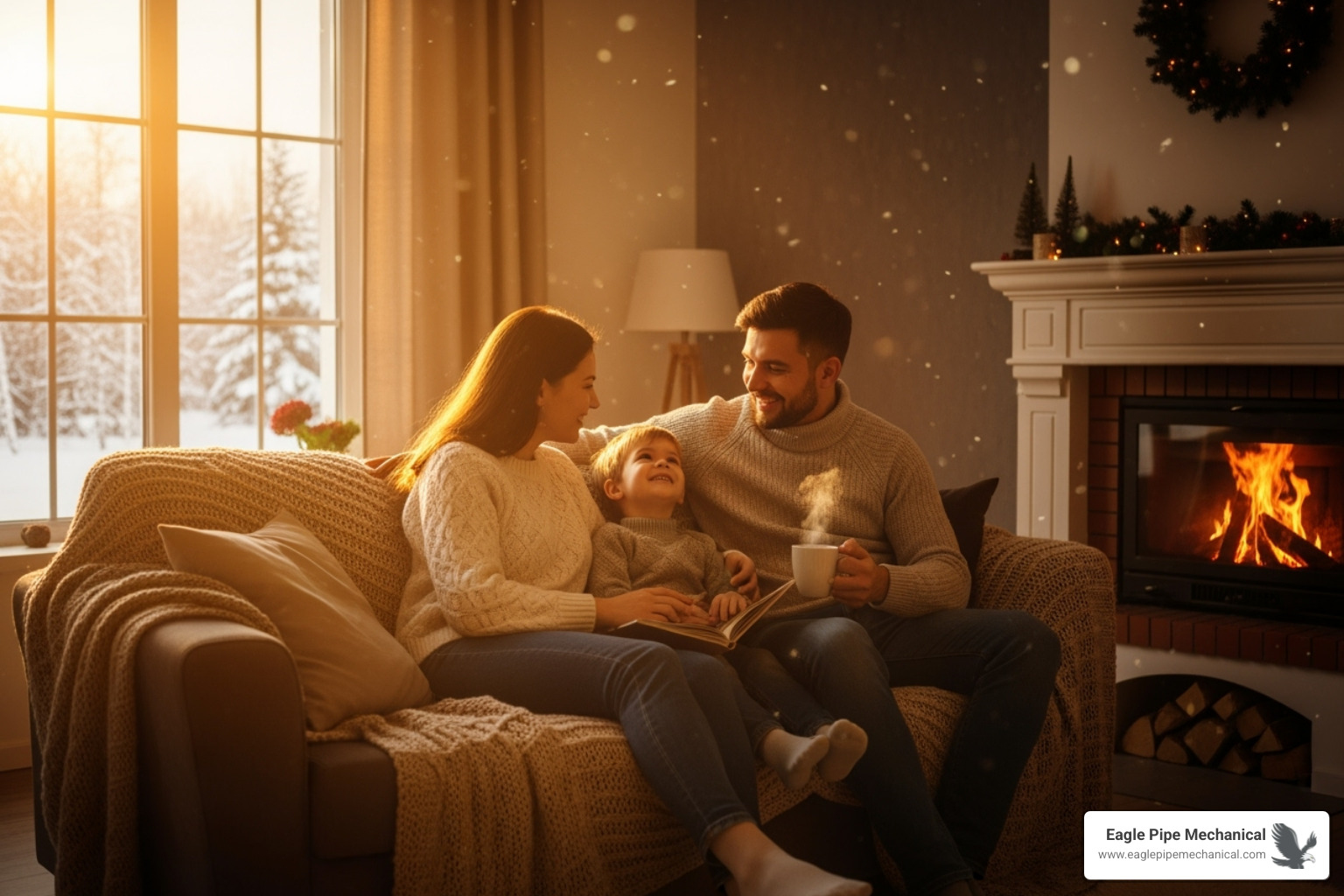 A happy family enjoying a warm, well-heated home during winter, with sunlight streaming through a window - furnace repair kingston