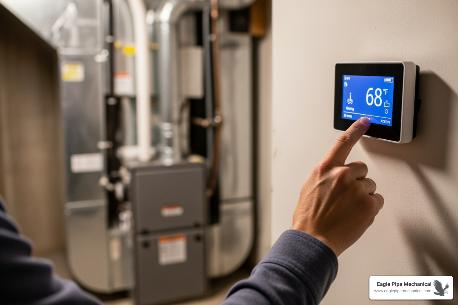 A person checking a home thermostat, with a blurred furnace in the background - furnace repair kingston