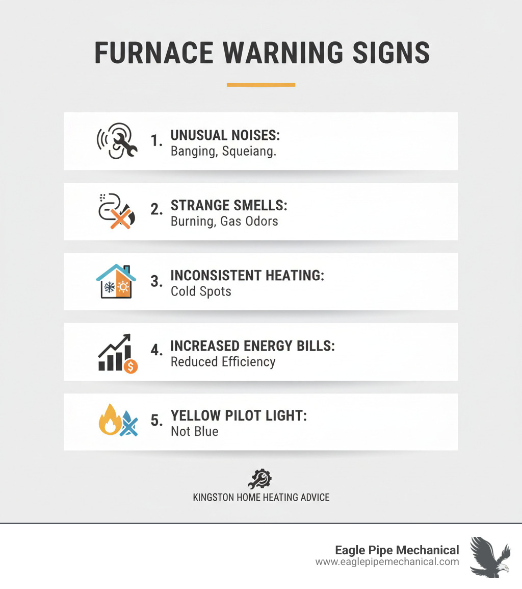 Infographic showing 5 key furnace warning signs: unusual noises like banging or squealing, strange smells including burning plastic or gas odors, inconsistent heating with cold spots in rooms, increased energy bills indicating reduced efficiency, and yellow pilot light flames instead of blue - furnace repair kingston infographic