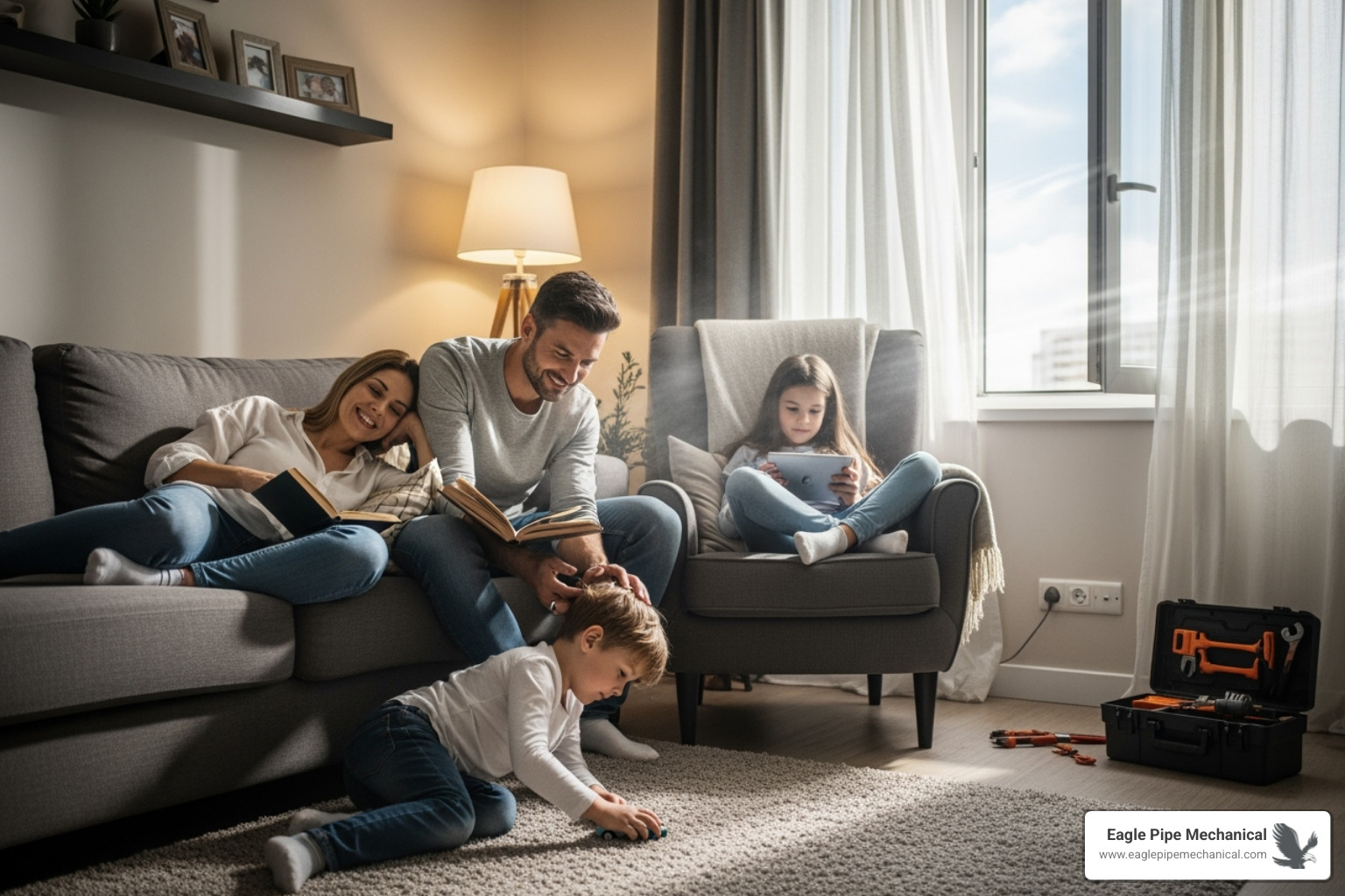 A family enjoys a cool, comfortable living room after AC repair - emergency cooling bainbridge island
