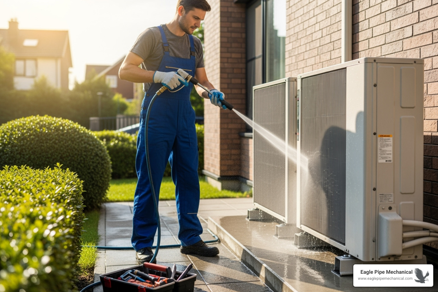 A technician cleaning an outdoor AC condenser unit - emergency cooling bainbridge island