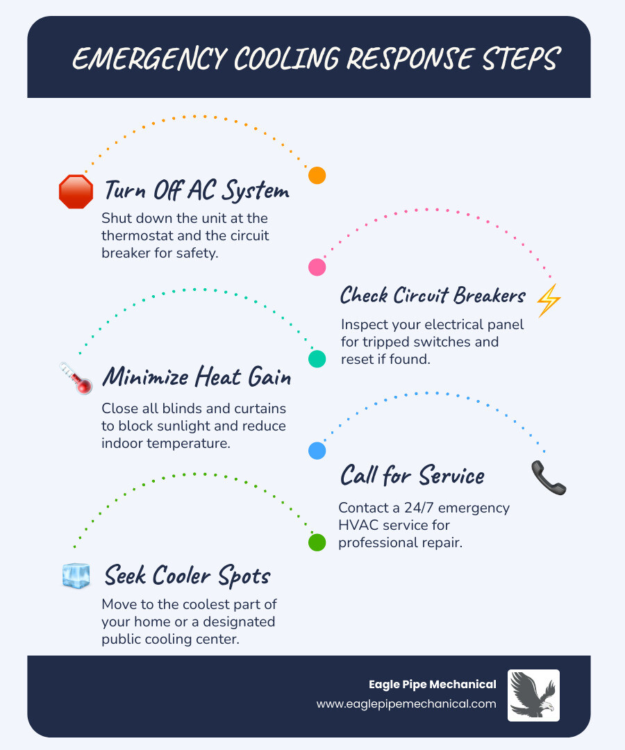Emergency cooling response steps infographic showing: Step 1 - Turn off the failed AC system at thermostat and breaker, Step 2 - Check circuit breaker panel for tripped switches, Step 3 - Close all blinds and curtains to block sunlight, Step 4 - Call 24/7 emergency HVAC service, Step 5 - Move to coolest area of home while waiting - emergency cooling bainbridge island infographic infographic-line-5-steps-blues-accent_colors