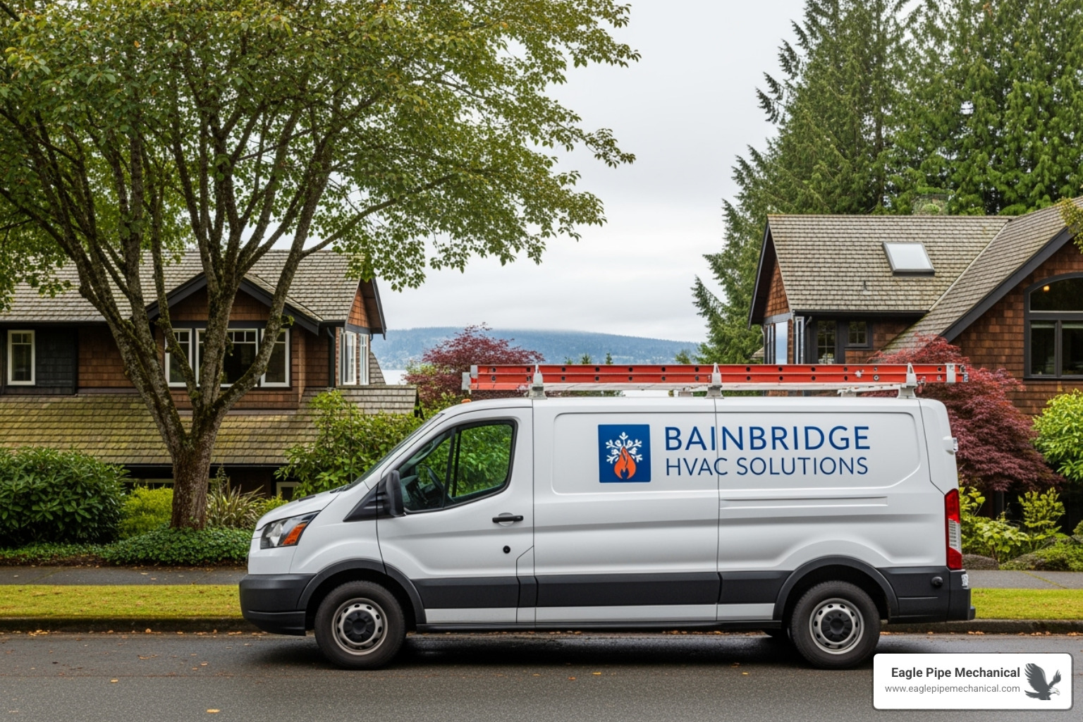 A service van with HVAC equipment parked in a residential Bainbridge Island neighborhood - emergency cooling bainbridge island