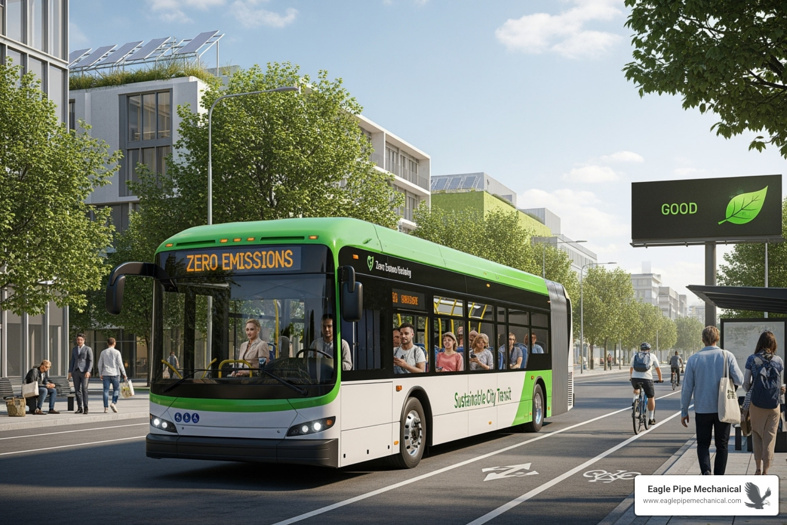 A modern electric bus with passengers is shown traveling on a clean city street, highlighting the benefits of public transportation for reducing air pollution and promoting sustainable urban living. - air quality improvement