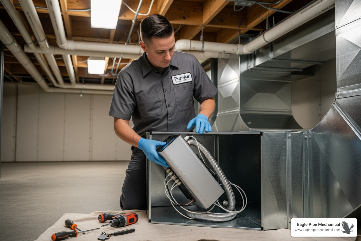 A professional technician, wearing gloves, is carefully installing a new, advanced air purification system into a home's existing HVAC ductwork. - air quality improvement