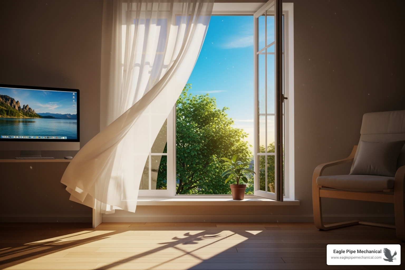 A window is open with a screen, allowing fresh air to gently flow into a bright room, symbolizing natural ventilation for improved indoor air quality. - air quality improvement