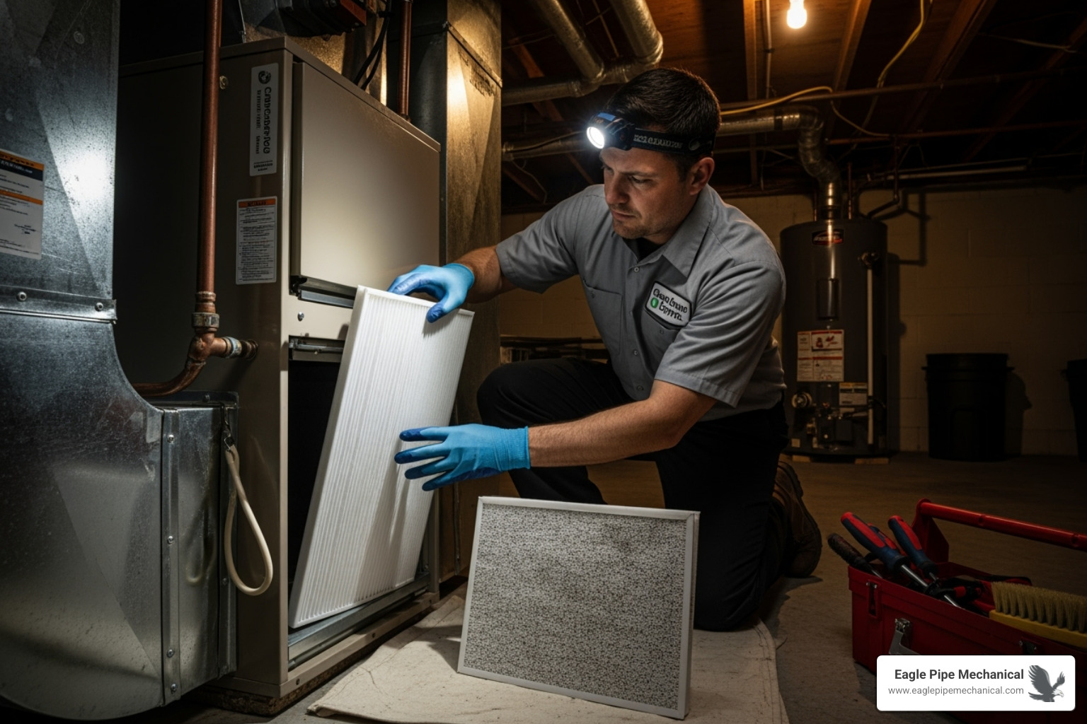 A technician is shown carefully replacing a furnace air filter with a new, pleated MERV-13 filter, emphasizing the importance of regular maintenance for optimal air quality. - air quality improvement