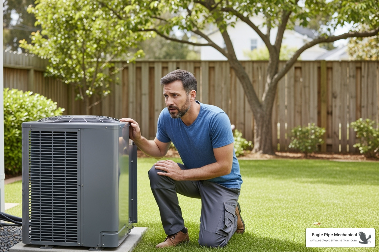 homeowner looking concerned at their outdoor heat pump unit - heat pump repair service