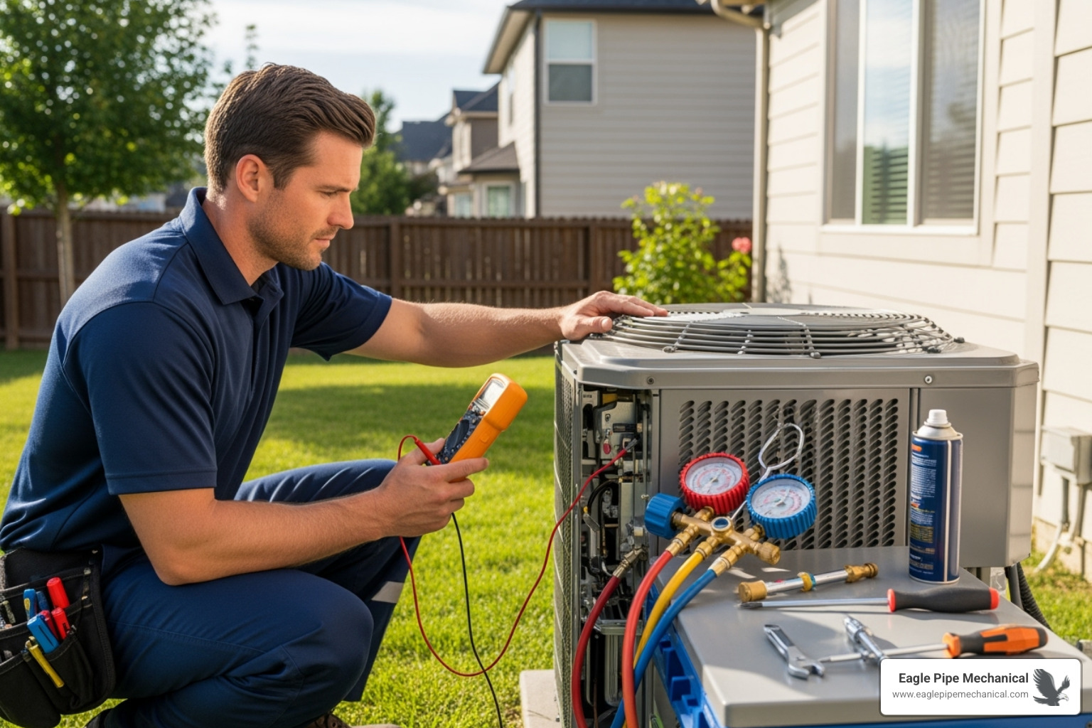 professional technician diagnosing a heat pump with tools - heat pump repair service