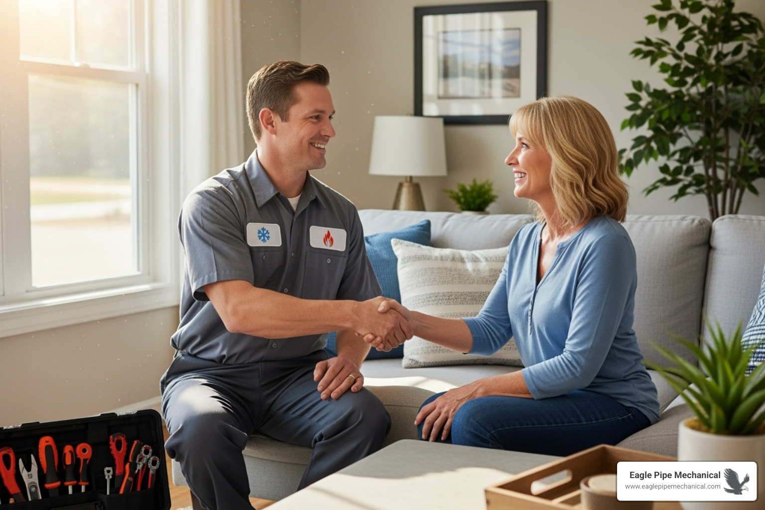 A friendly technician shaking a homeowner's hand after a successful service visit - air conditioning contractor