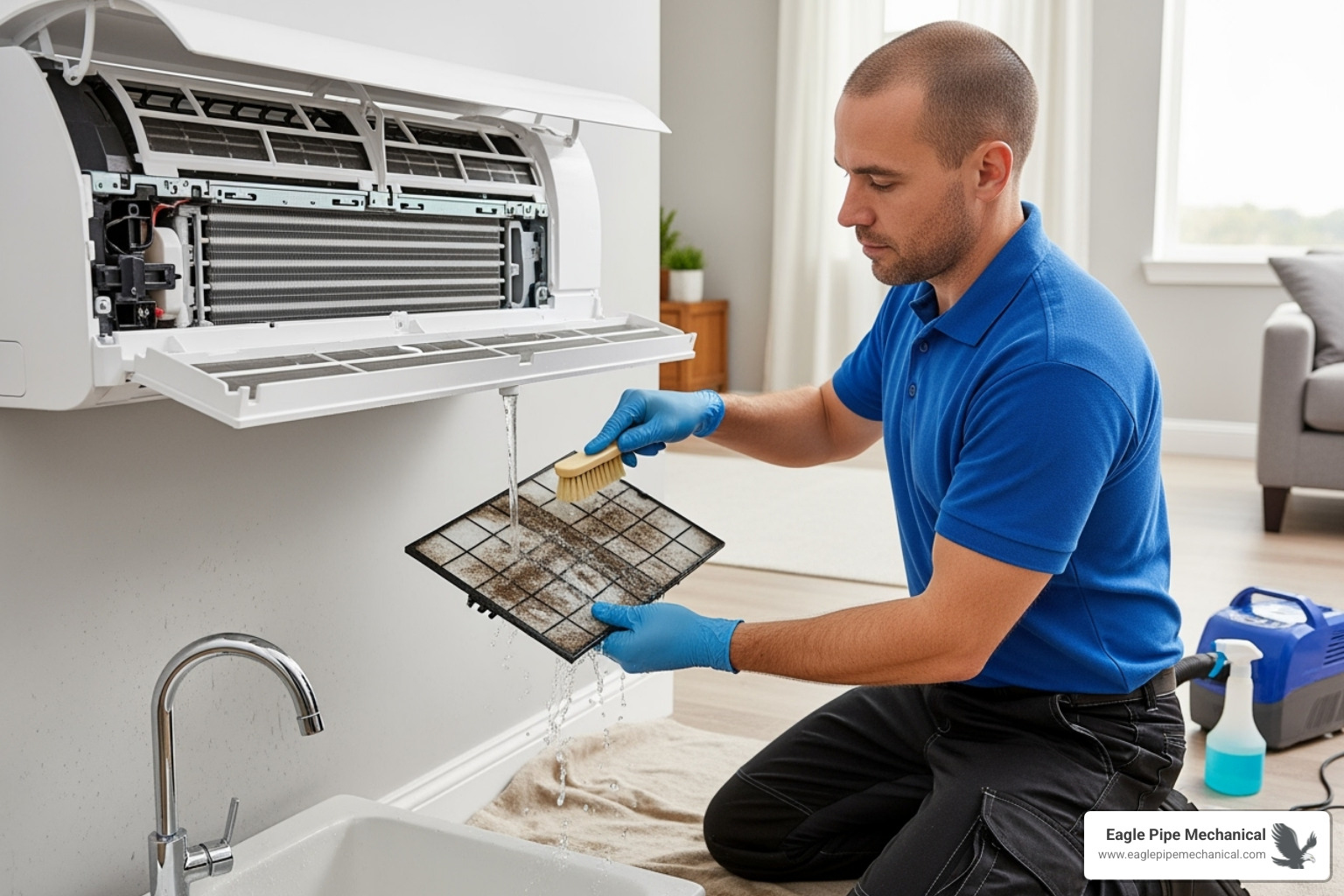 A technician cleaning the filter of an indoor air conditioning unit - air conditioning contractor