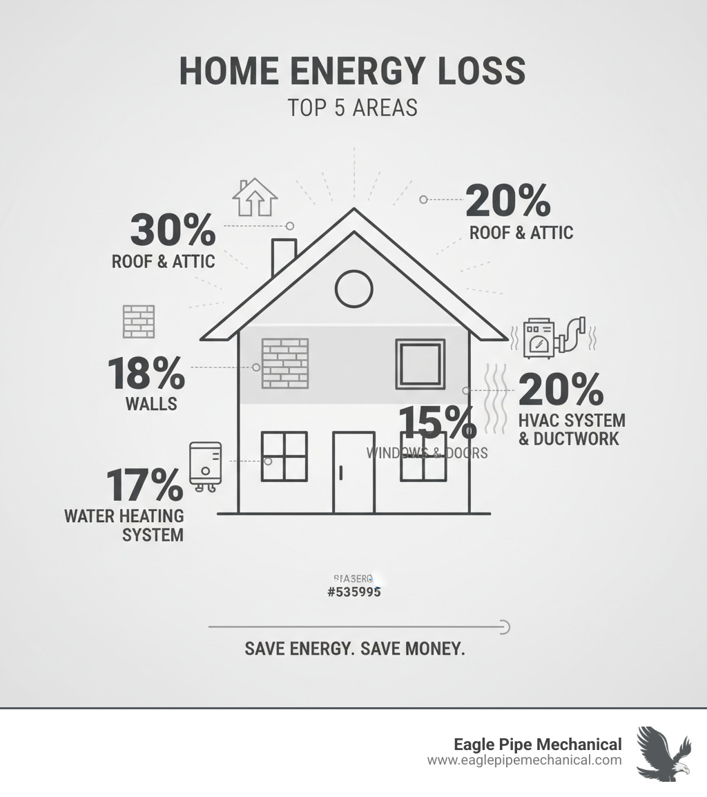 Infographic showing the top 5 areas of energy loss in a typical home: 30% through the roof and attic, 18% through walls, 15% through windows and doors, 20% through HVAC system and ductwork, and 17% through water heating system - home energy efficiency infographic