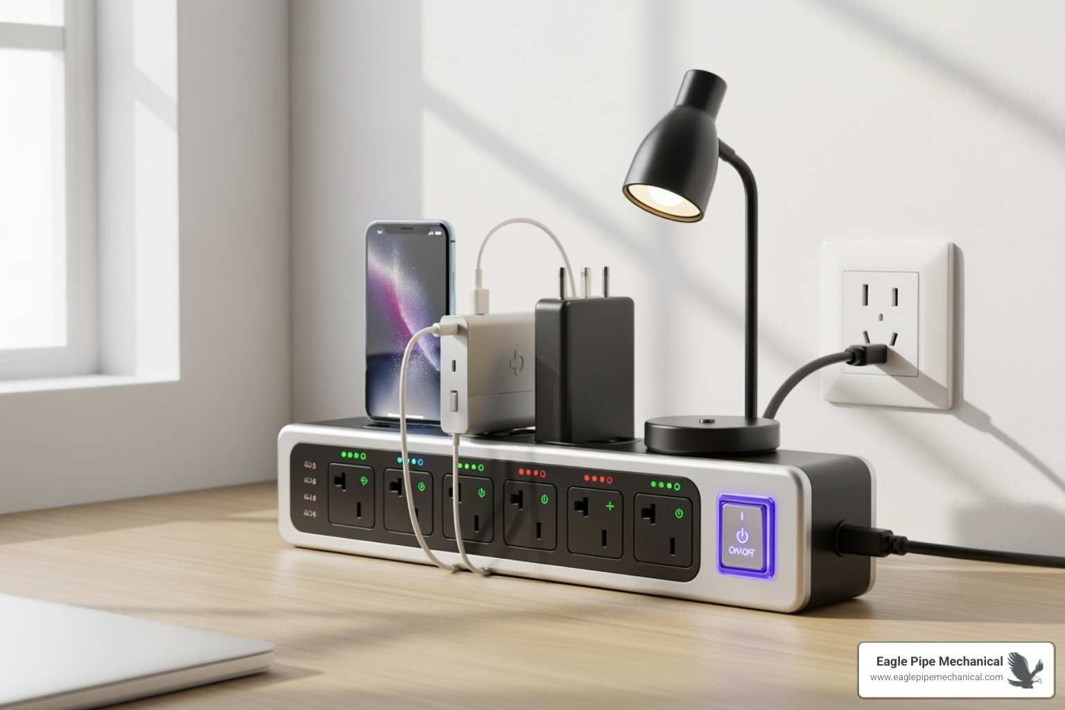 A smart power strip with multiple outlets and an on/off switch - home energy efficiency