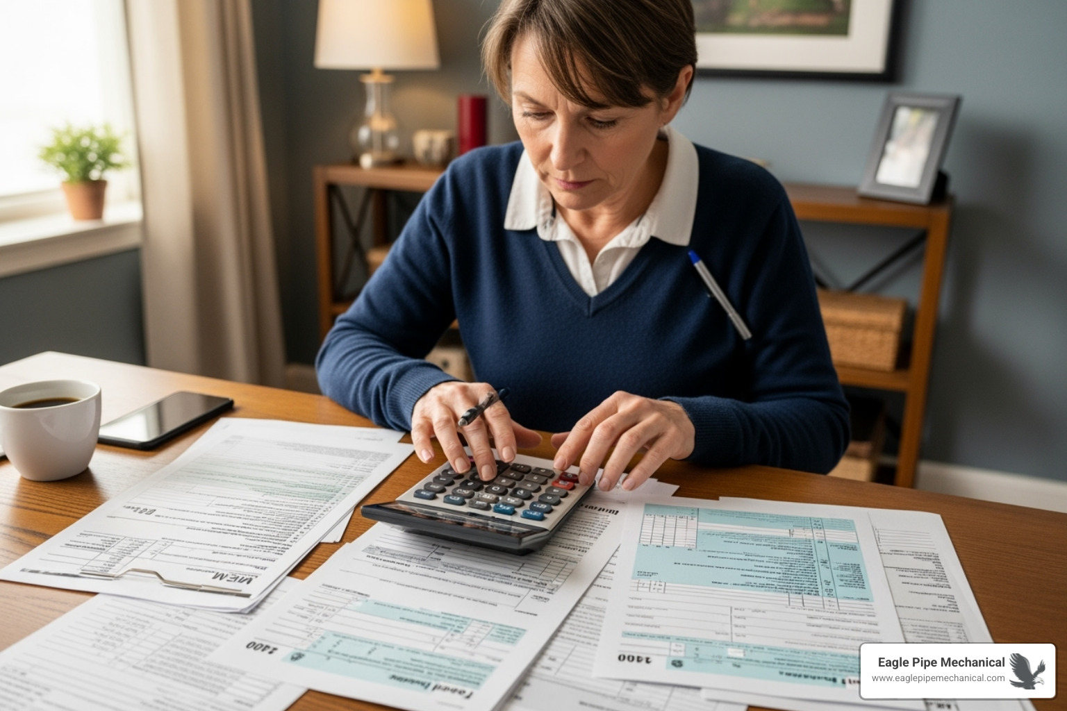 A homeowner reviewing tax forms with a calculator - home energy efficiency