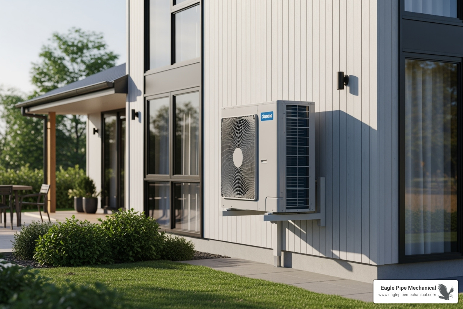 A modern, high-efficiency heat pump unit installed on the side of a house - home energy efficiency