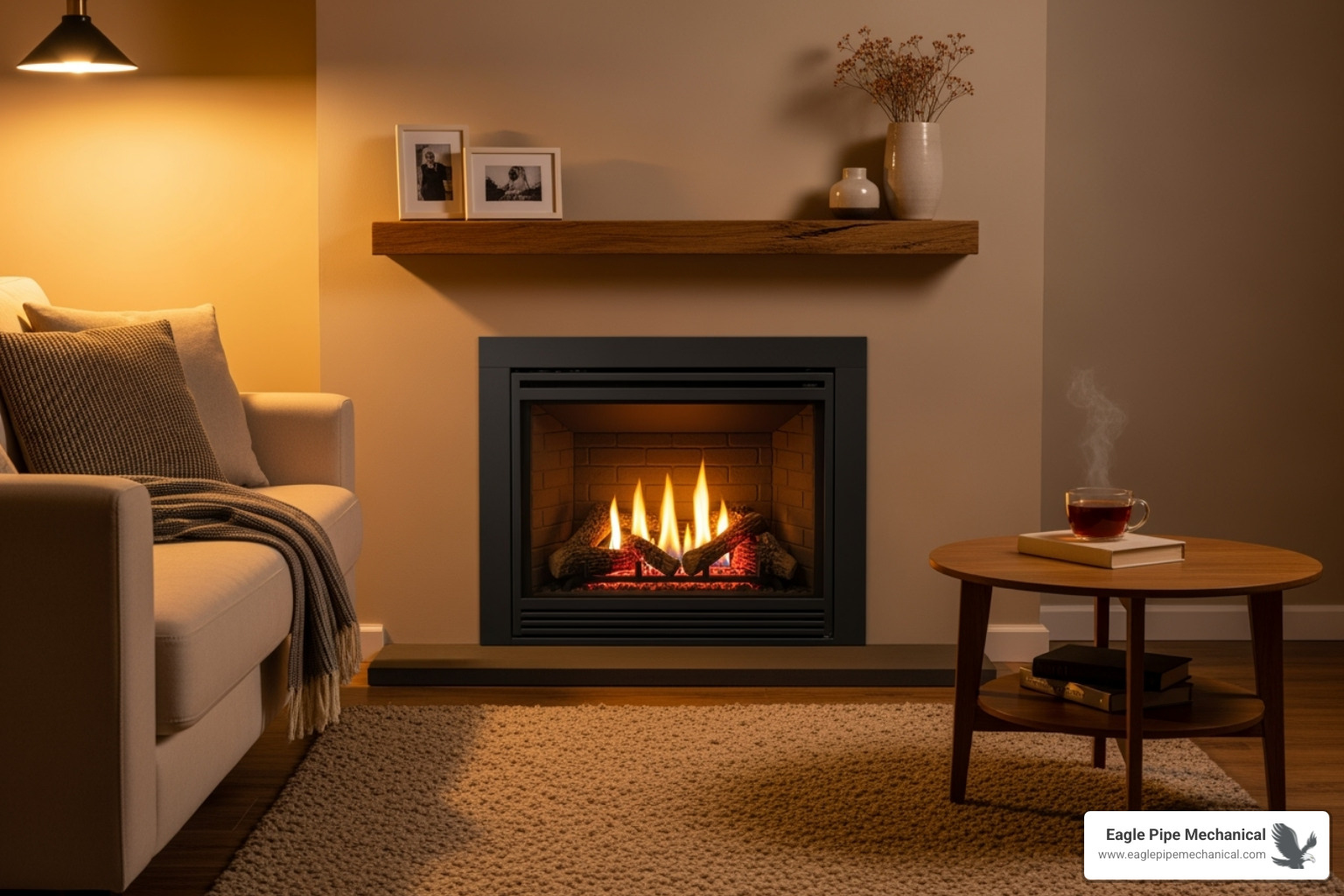 cozy living room with a lit gas fireplace insert - gas line installation kingston
