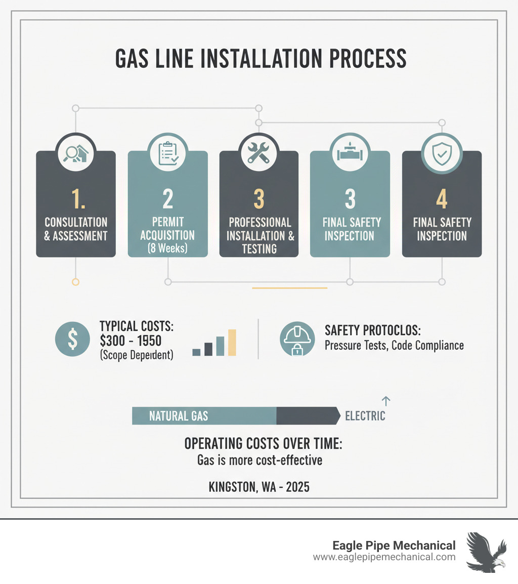 Comprehensive infographic showing the complete gas line installation process from initial consultation through final inspection, including permit requirements, safety protocols, typical costs ranging from $300-1500 depending on project scope, and comparison of natural gas vs electric appliance operating costs over time - gas line installation kingston infographic