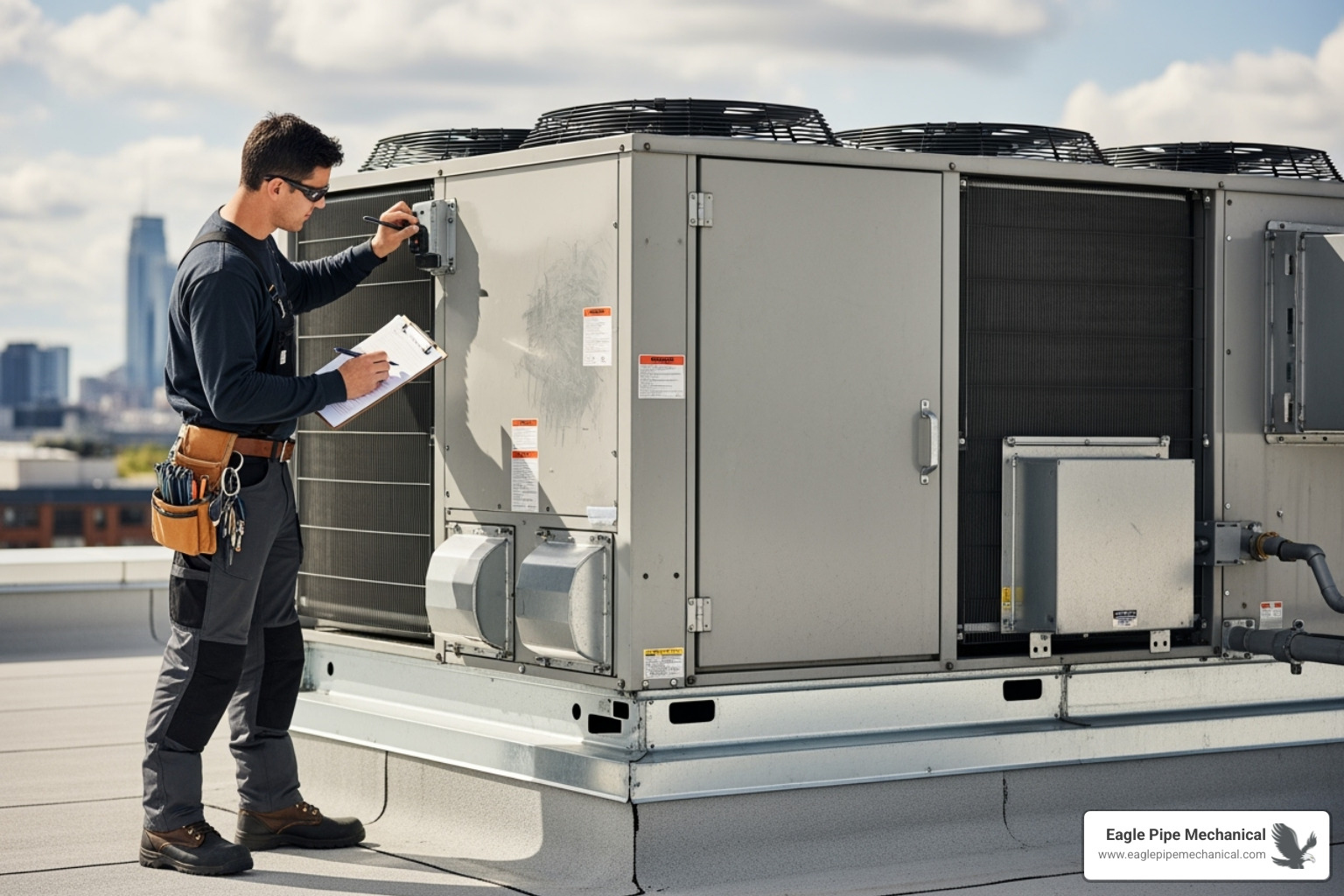 A technician holding a clipboard with a checklist, inspecting a commercial HVAC system on a rooftop. - commercial hvac maintenance