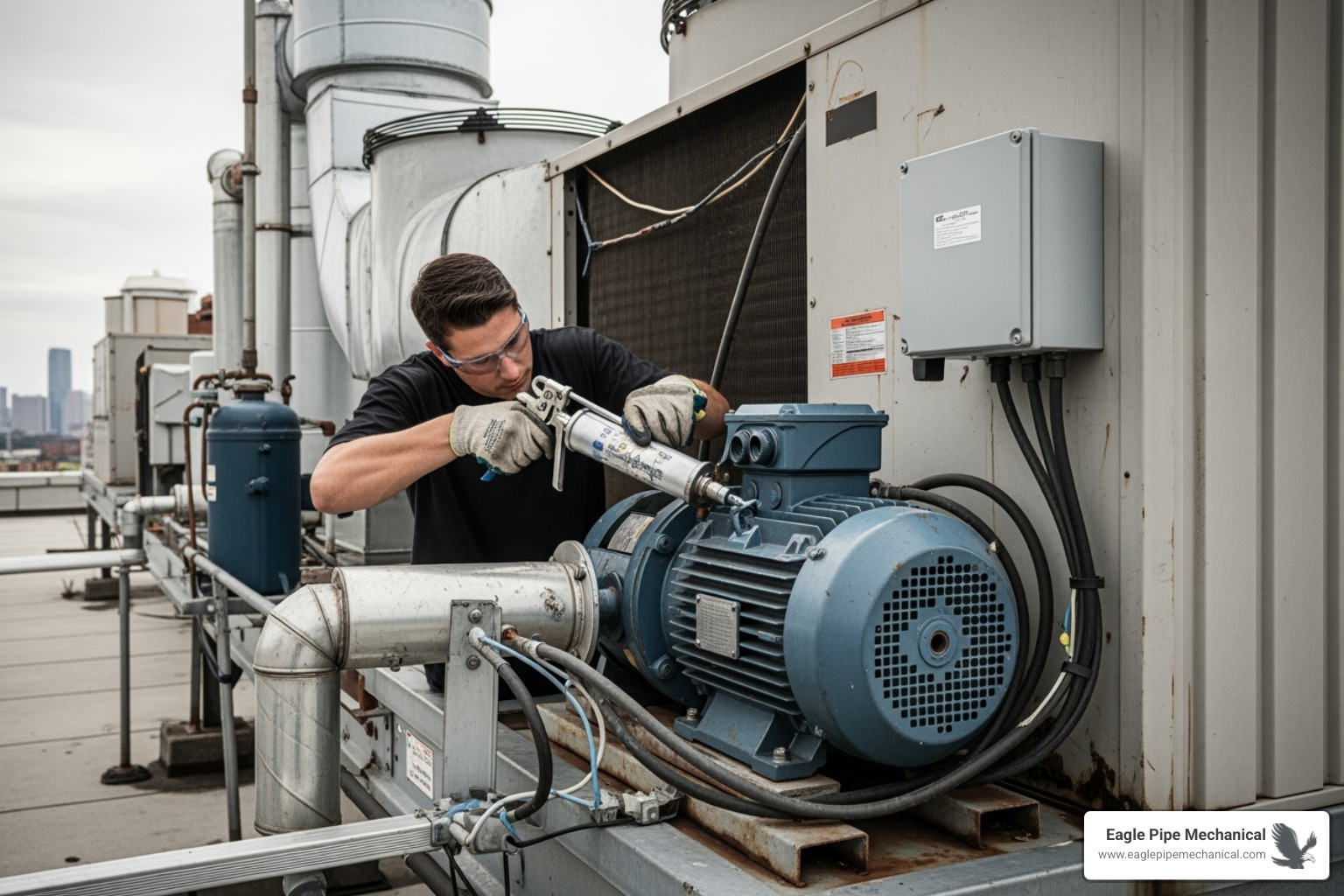 A technician carefully lubricating a motor on a commercial HVAC unit, highlighting attention to detail in maintenance. - commercial hvac maintenance