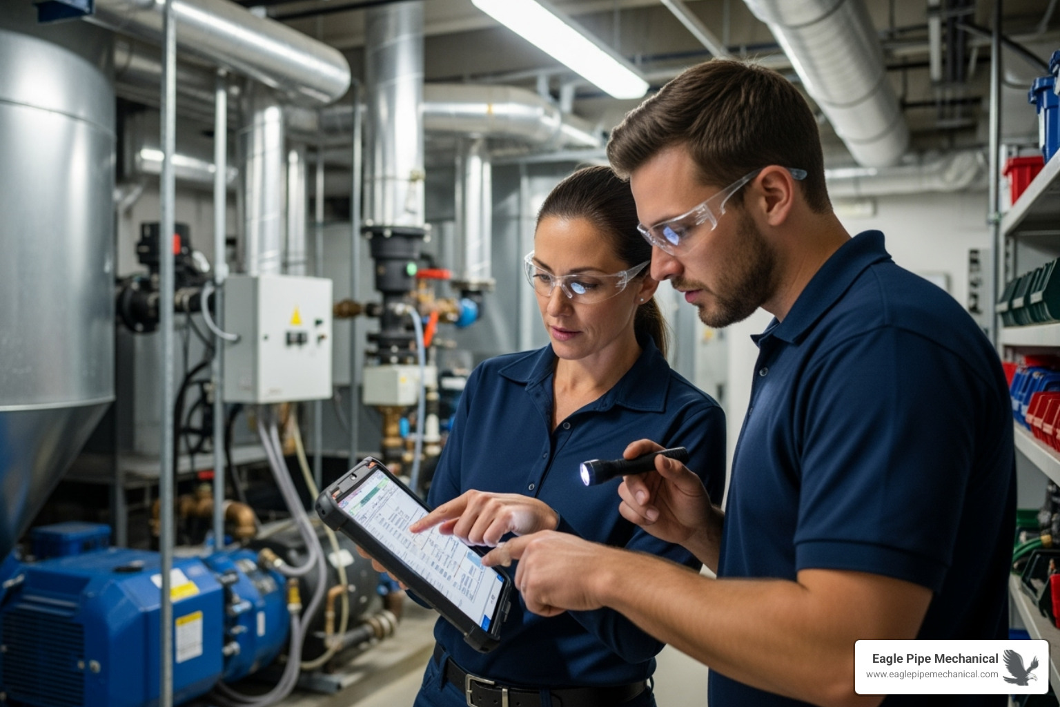 A facility manager and an HVAC technician reviewing a detailed maintenance plan on a tablet, emphasizing collaboration and customization. - commercial hvac maintenance