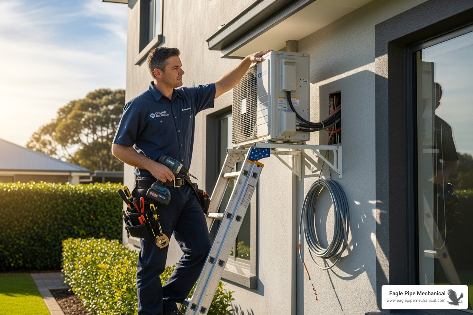 technician professionally installing an outdoor ductless unit - ductless installation indianola