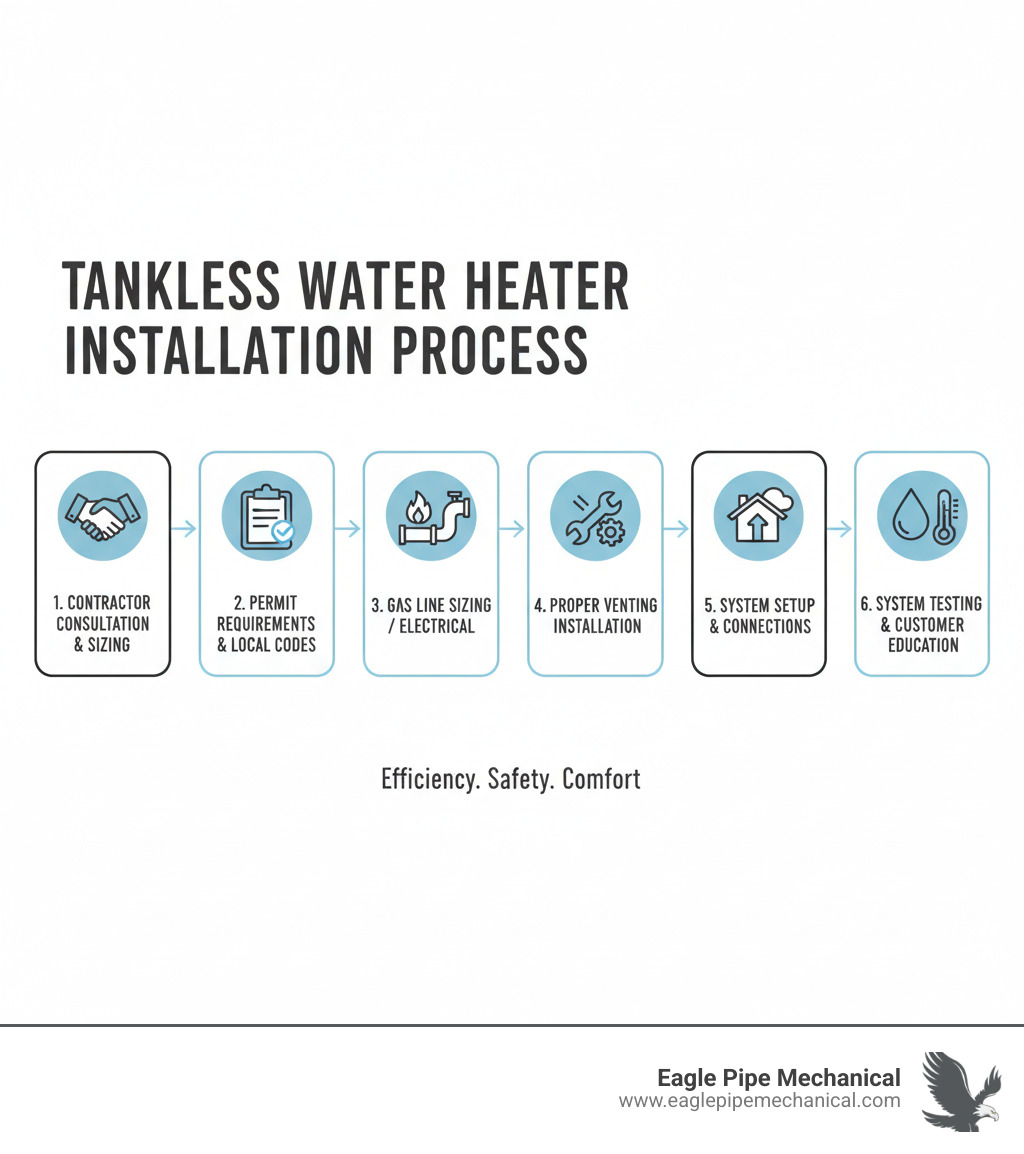 Infographic showing the tankless water heater installation process from contractor consultation through system testing, including permit requirements, gas line sizing, electrical connections, and proper venting installation steps - tankless water heater contractor infographic 