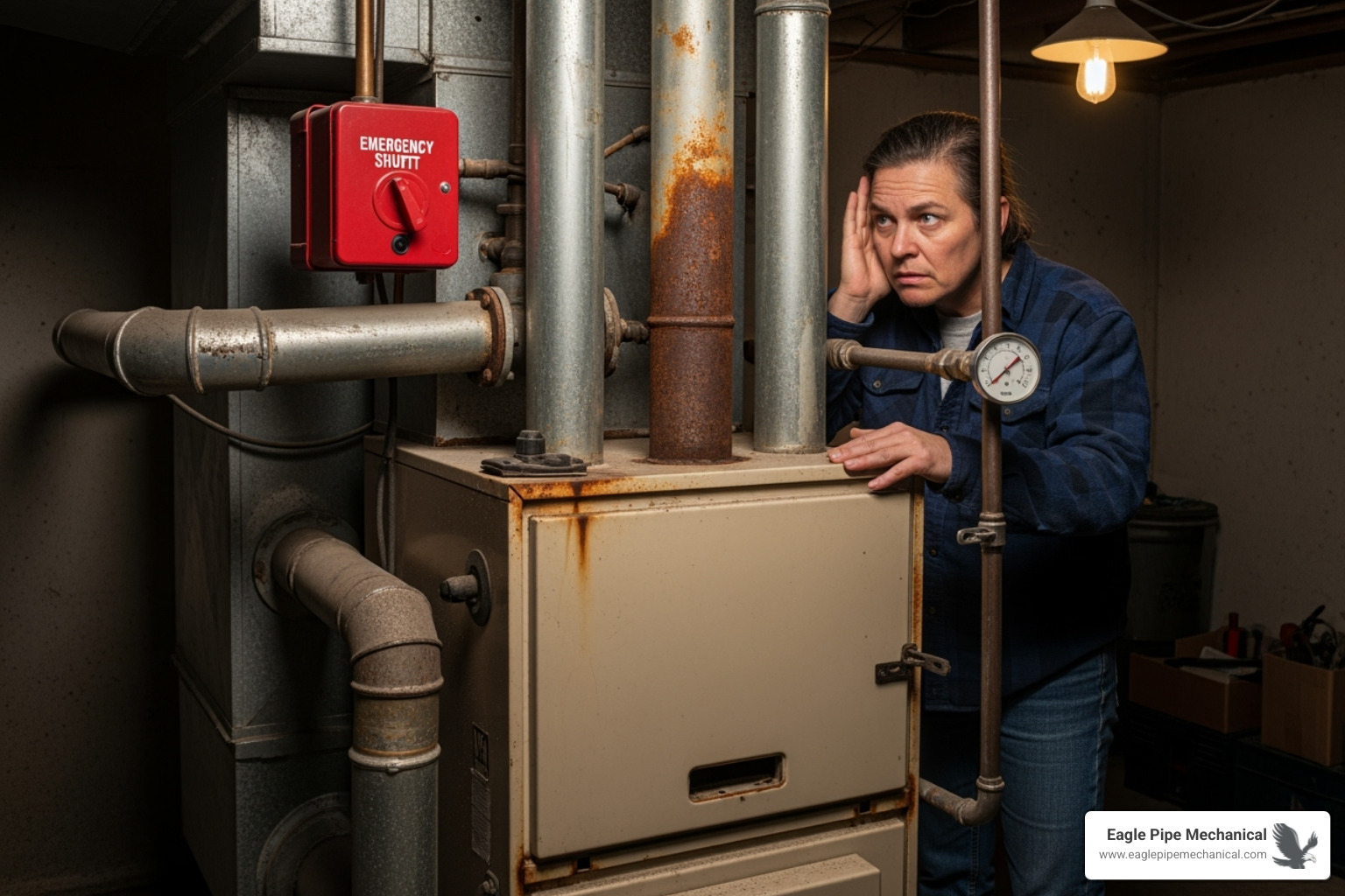homeowner looking concerned at an old, noisy furnace - hvac replacement gig harbor