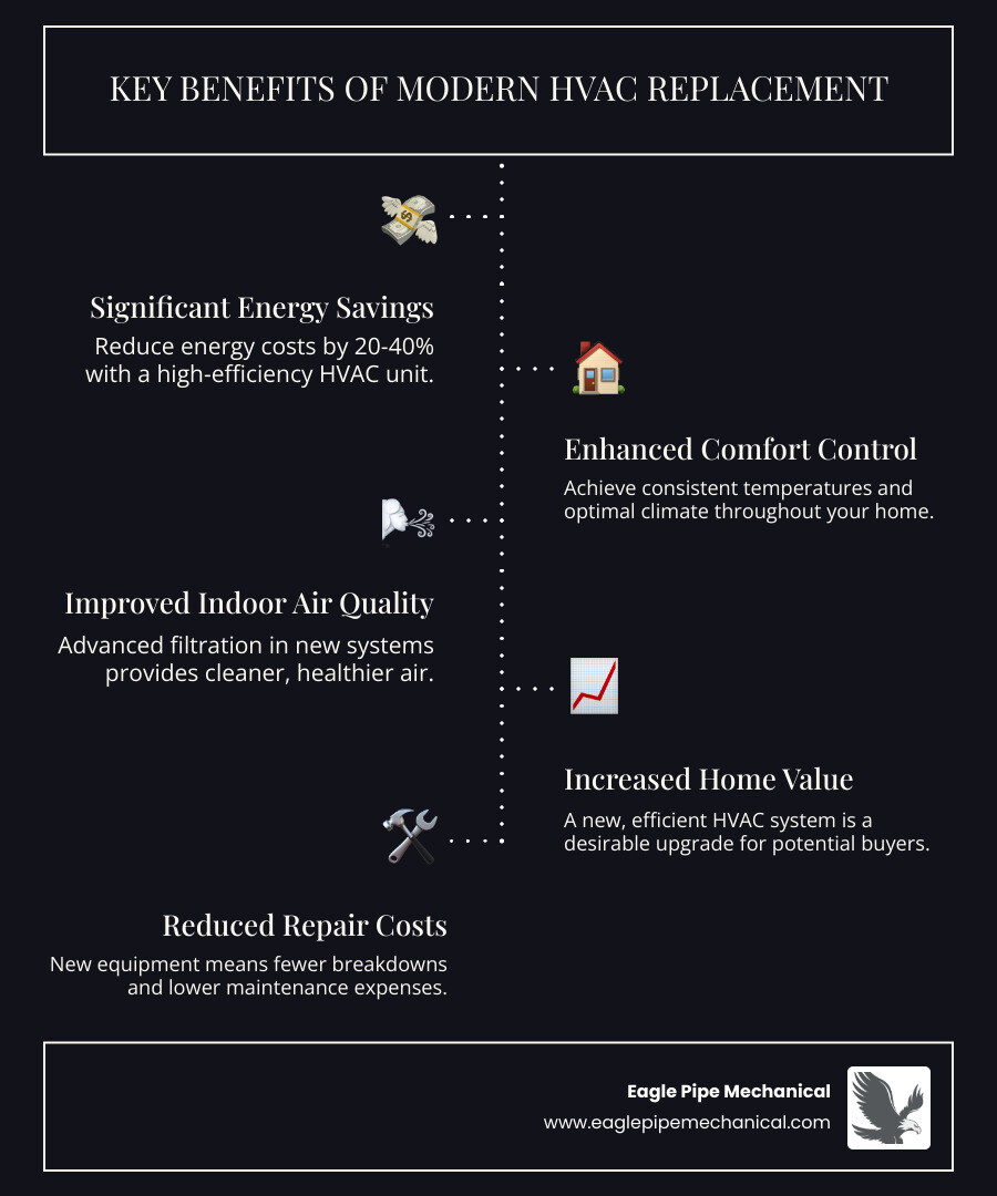 Infographic showing HVAC replacement benefits including 20-40% energy savings, improved comfort control, better indoor air quality, increased home value, and reduced repair costs over a 15-20 year system lifespan - hvac replacement gig harbor infographic infographic-line-5-steps-dark
