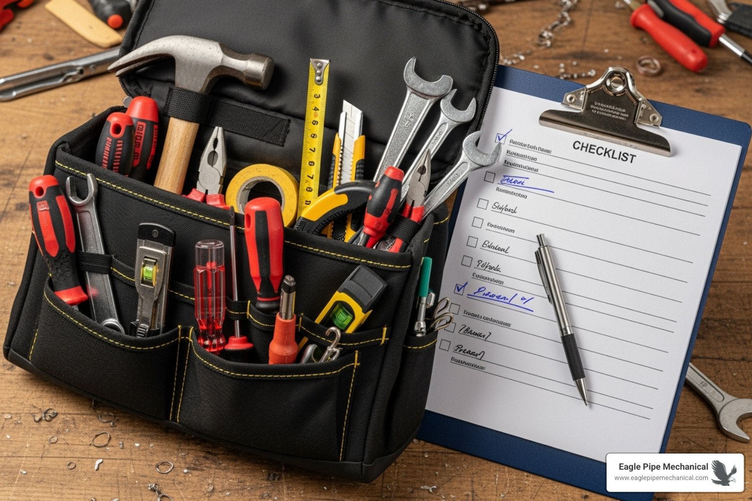 technician's tool bag with a checklist on a clipboard - hvac preventive maintenance
