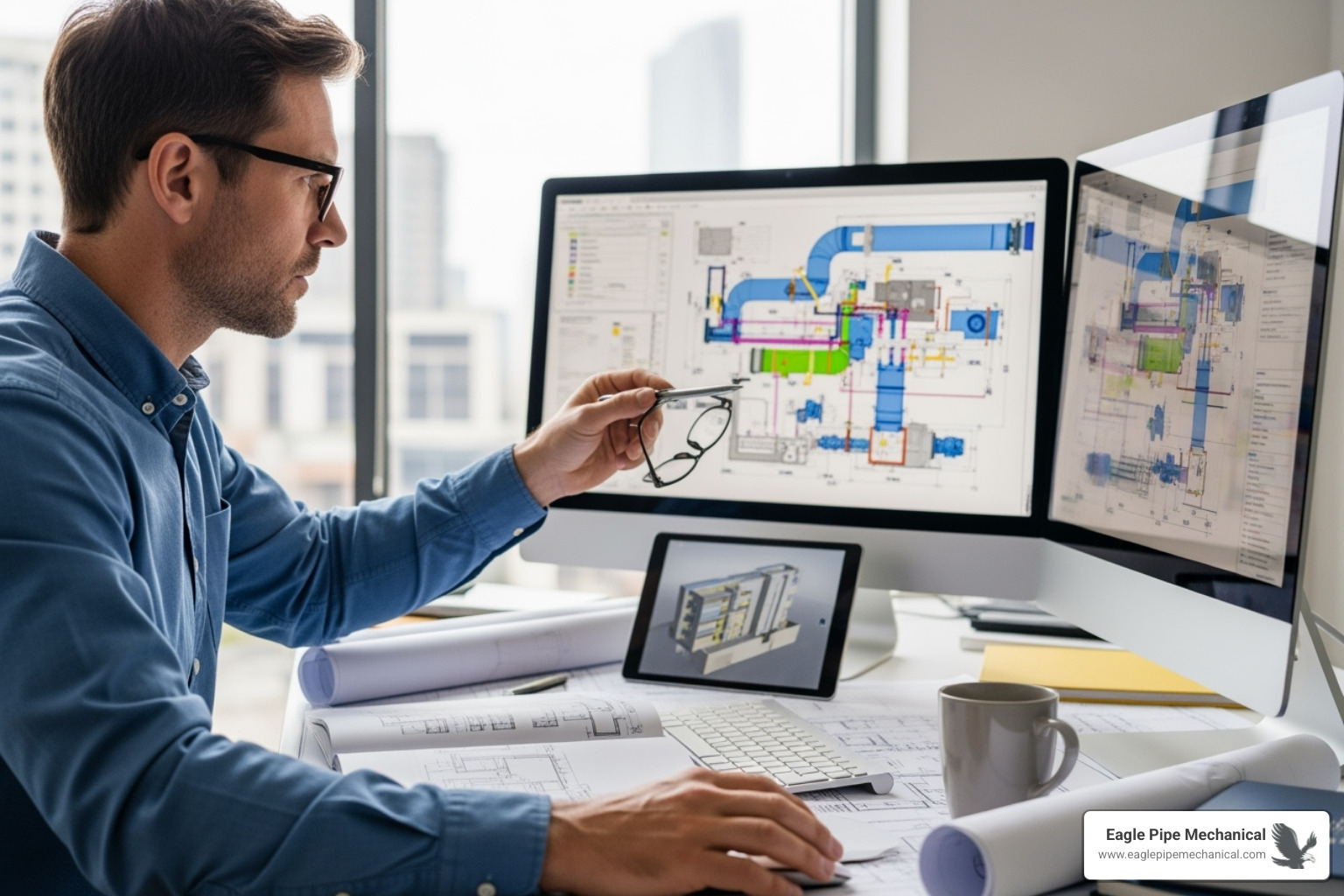of an engineer reviewing HVAC plans on a computer screen - hvac system design