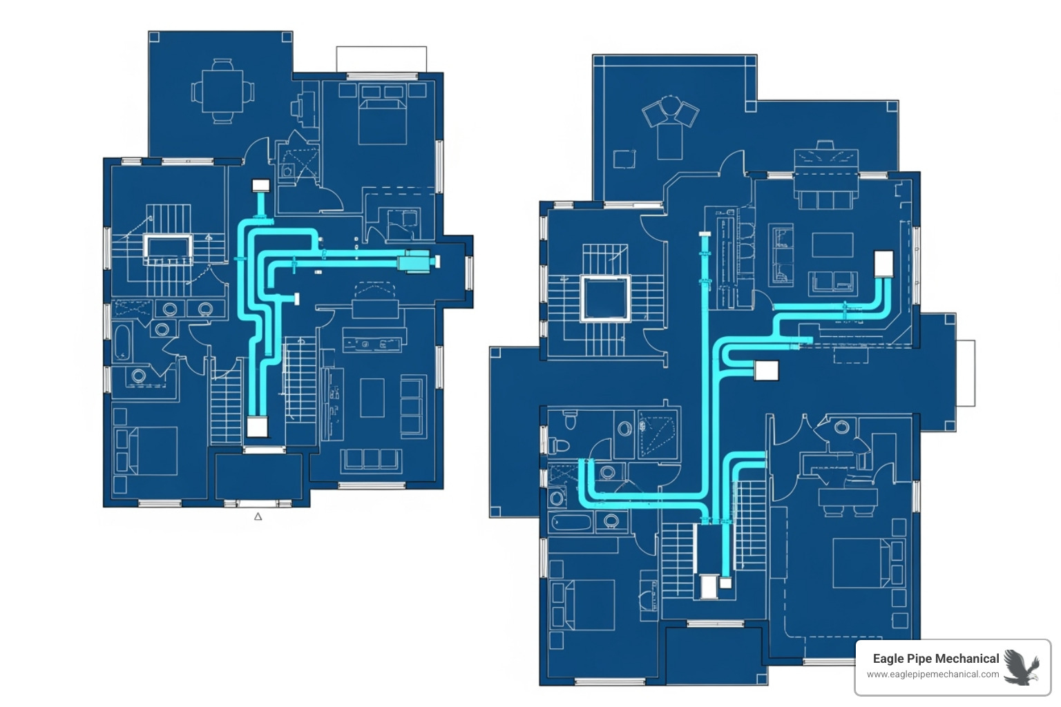 of a home's architectural blueprint with HVAC ductwork overlaid - hvac system design