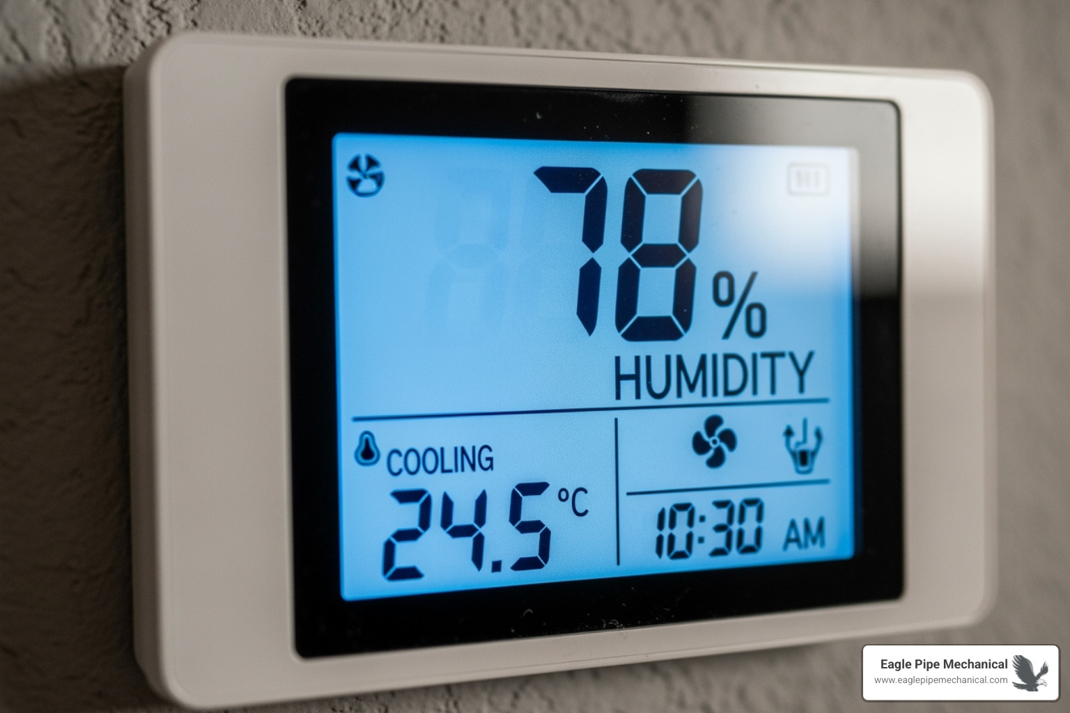 of a thermostat showing high humidity, illustrating poor dehumidification from an oversized AC - hvac system design