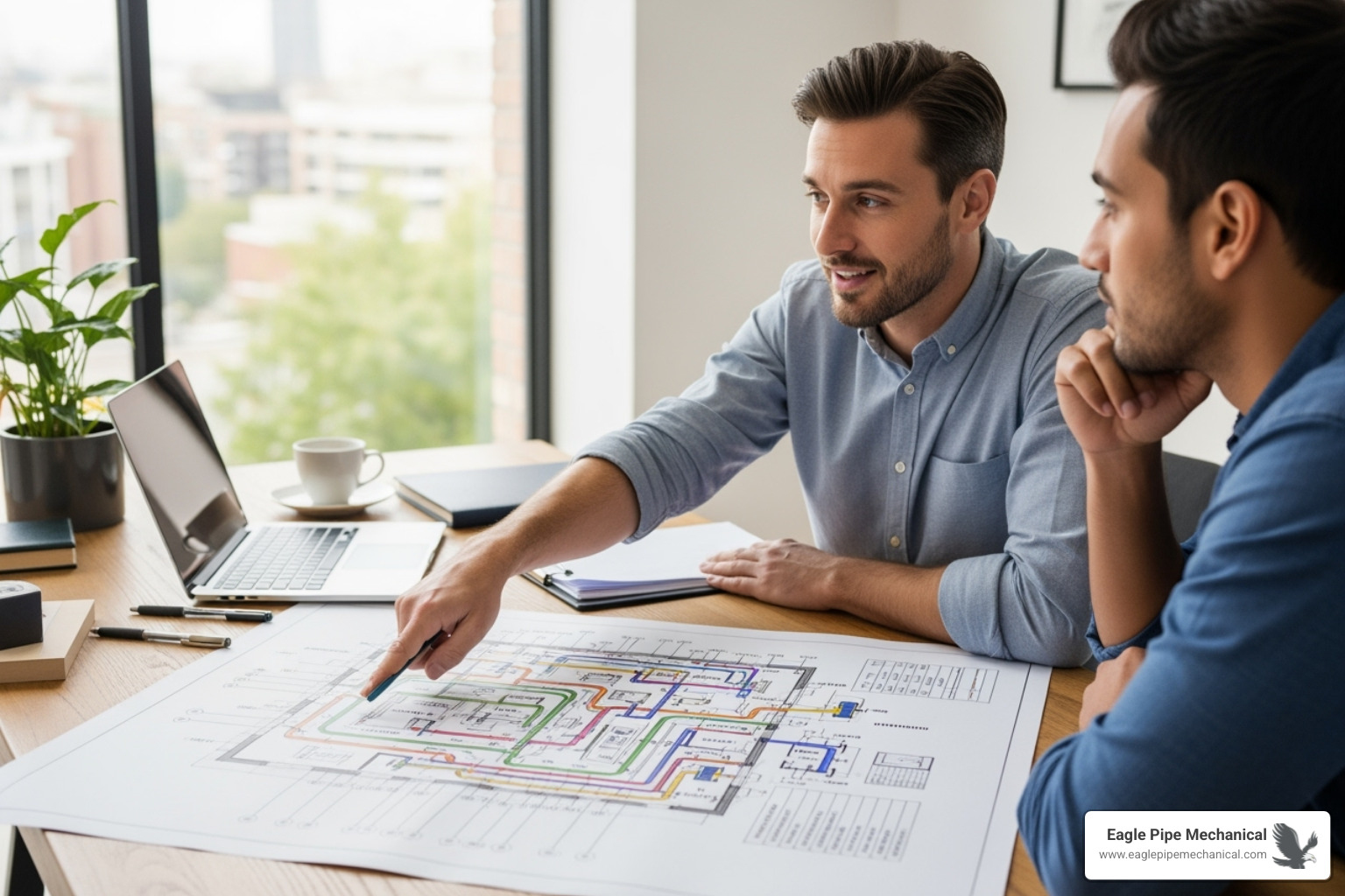 A professional HVAC designer explaining a complex ductwork plan to a homeowner - hvac system design