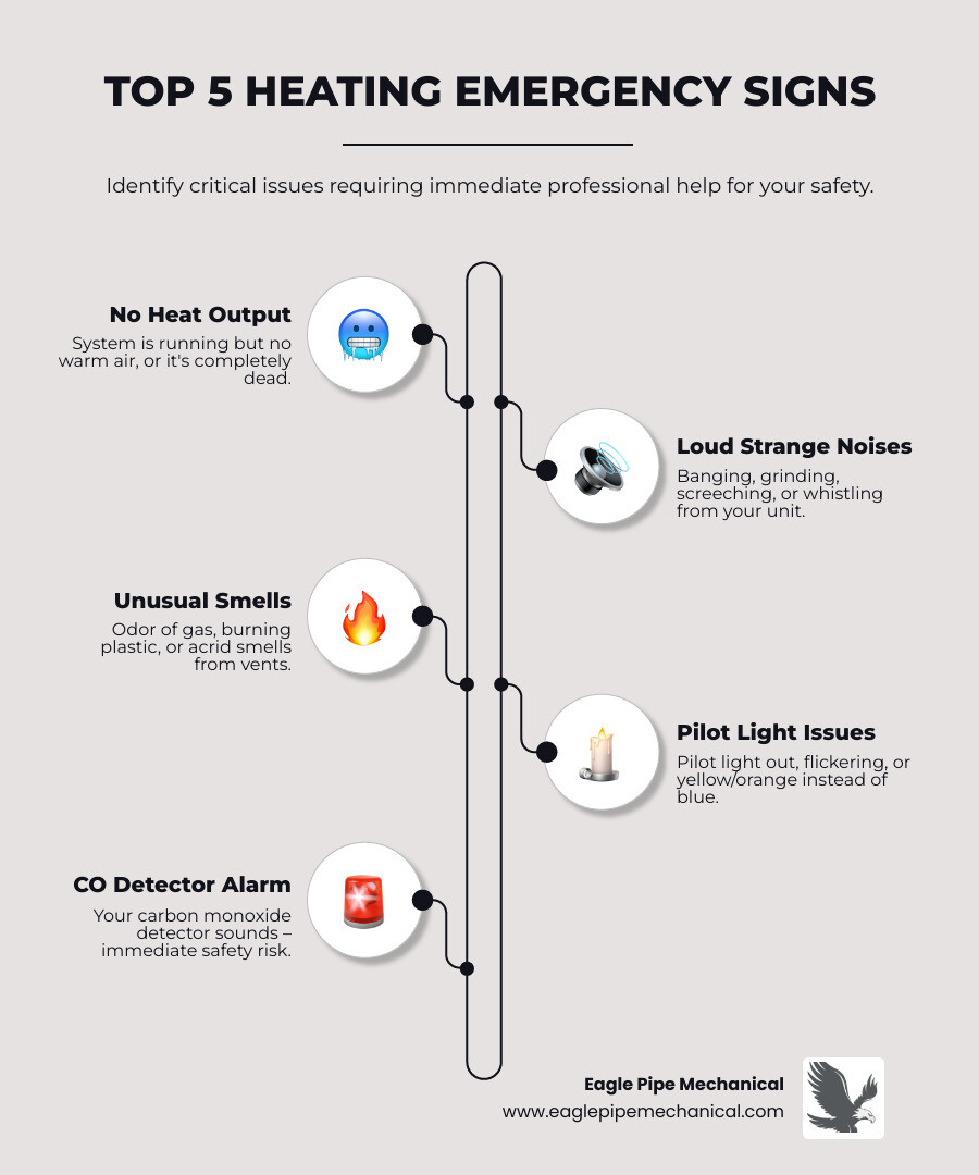 Infographic showing the top 5 signs of a heating emergency: no heat production, strange noises like banging or screeching, gas or burning smells, pilot light problems, and carbon monoxide detector alarms - emergency heating indianola infographic infographic-line-5-steps-neat_beige