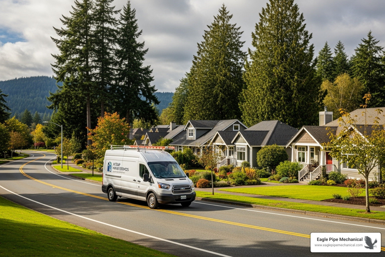 A service van driving through a scenic Kitsap County neighborhood, ready to provide emergency heating service - emergency heating indianola