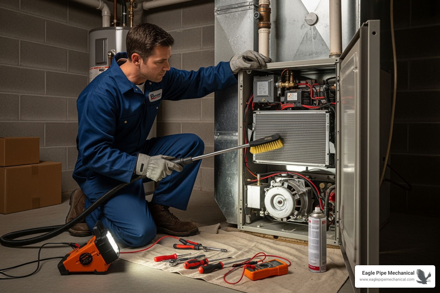 A technician performing annual maintenance on a furnace, checking components and cleaning the system - emergency heating indianola