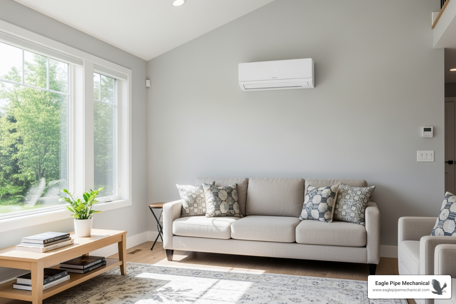 sleek, wall-mounted ductless mini-split unit in a living room - heat pump installation service