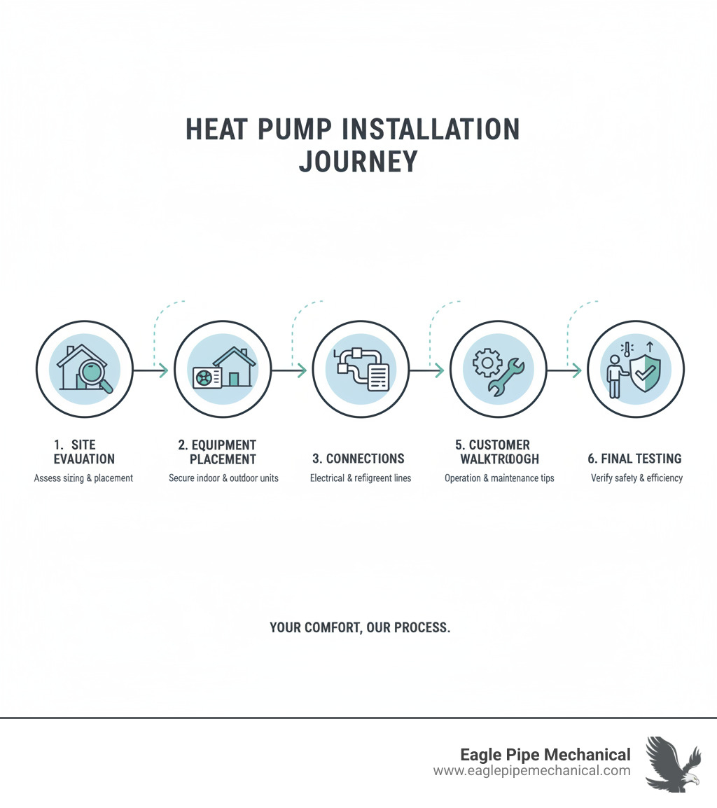 Detailed infographic showing the heat pump installation process from initial assessment through final testing, including site evaluation, equipment placement, electrical and refrigerant connections, system calibration, and customer walkthrough - heat pump installation service infographic