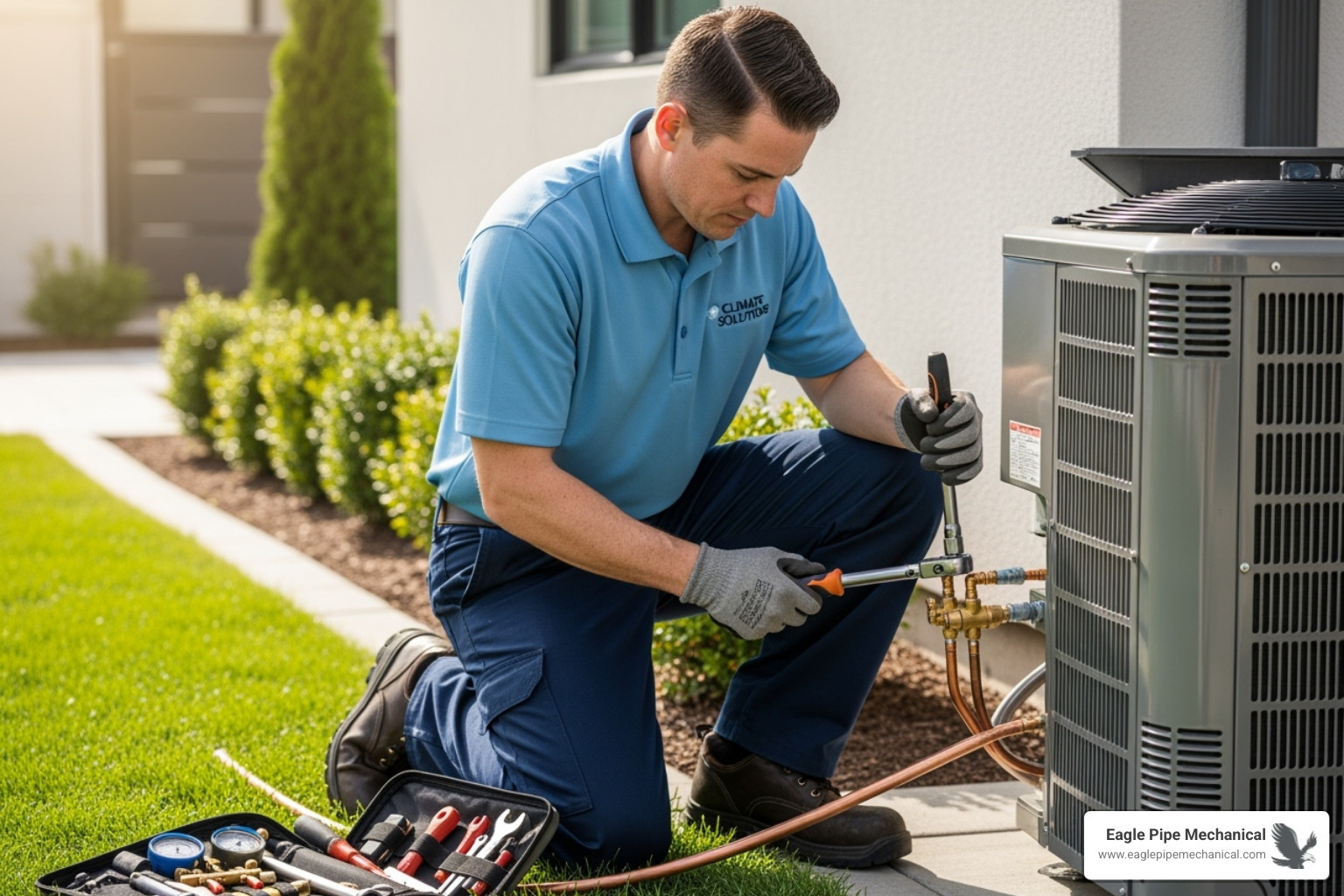 professional technician carefully installing an outdoor heat pump unit - heat pump installation service