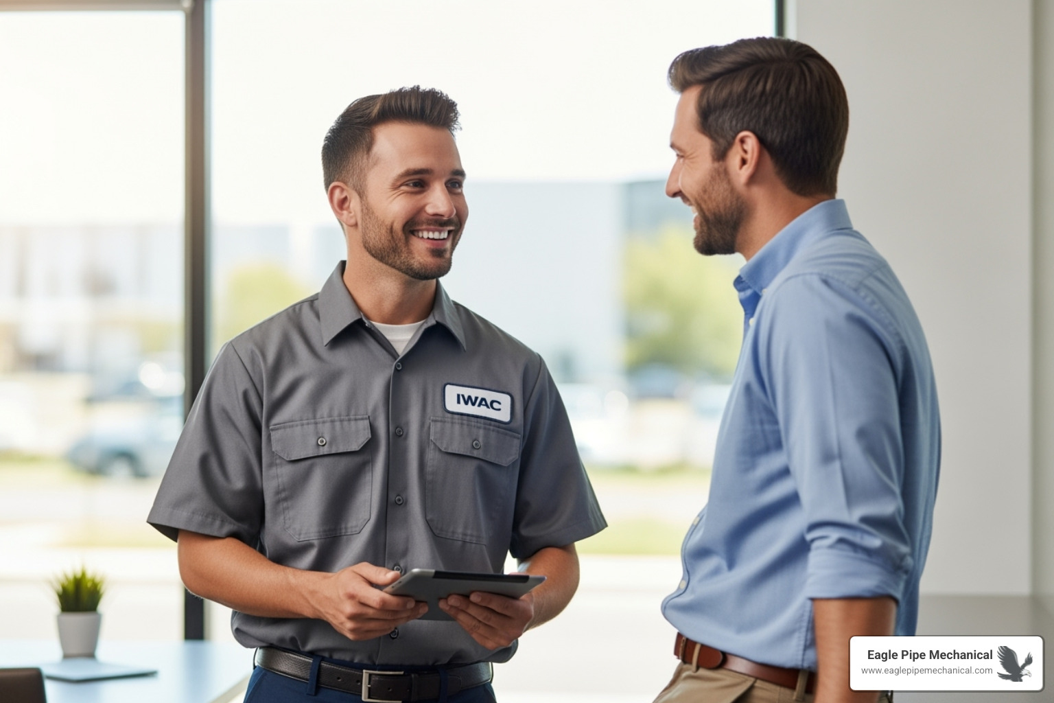 A friendly, professional technician talking with a business owner, demonstrating good customer interaction - commercial hvac contractor