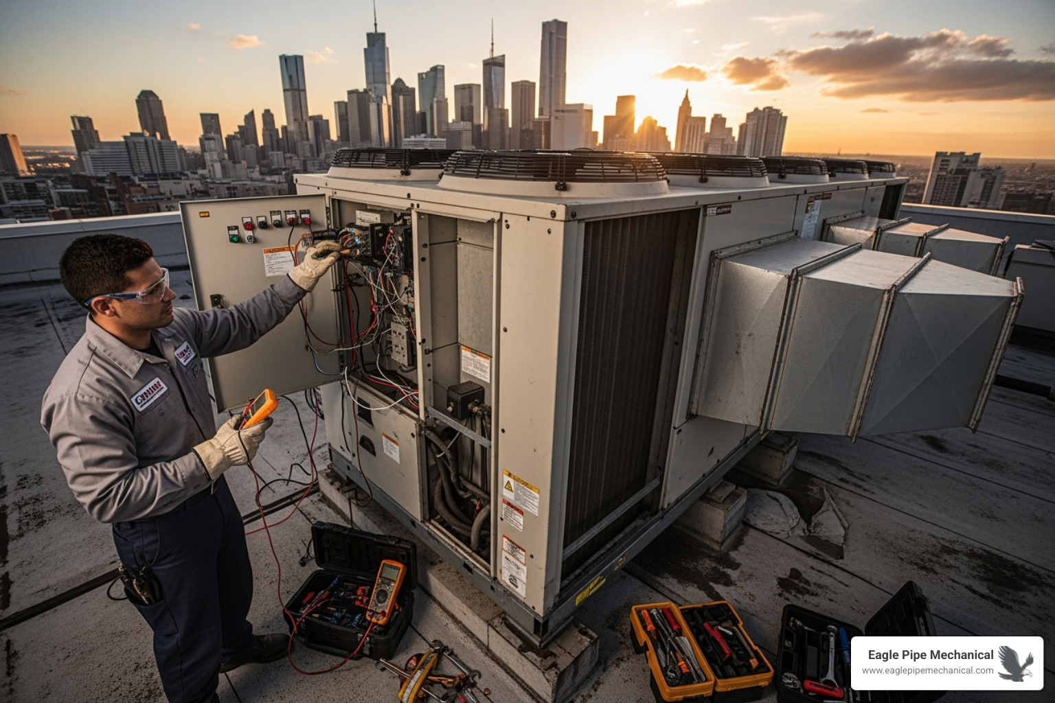 A large rooftop HVAC unit being serviced by a technician, highlighting the scale and complexity of commercial systems - commercial hvac contractor