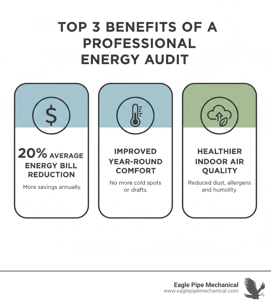 Infographic showing the top 3 benefits of a professional energy audit service: 20% average energy bill reduction with dollar sign icon, improved year-round comfort with thermometer icon, and healthier indoor air quality with clean air symbol - energy audit service infographic 