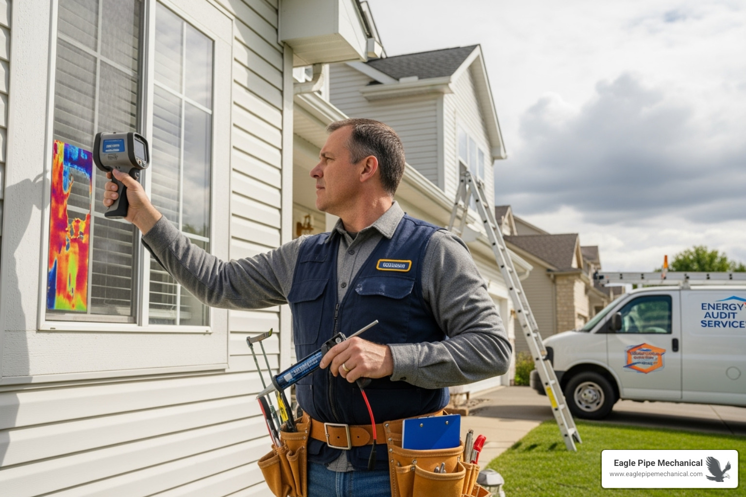 energy auditor inspecting home exterior - energy audit service