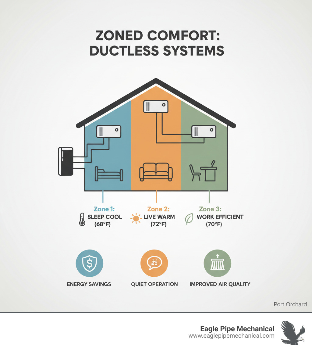 Comprehensive guide explaining the basic concept of zoned heating and cooling with a ductless system. - ductless installation port orchard infographic