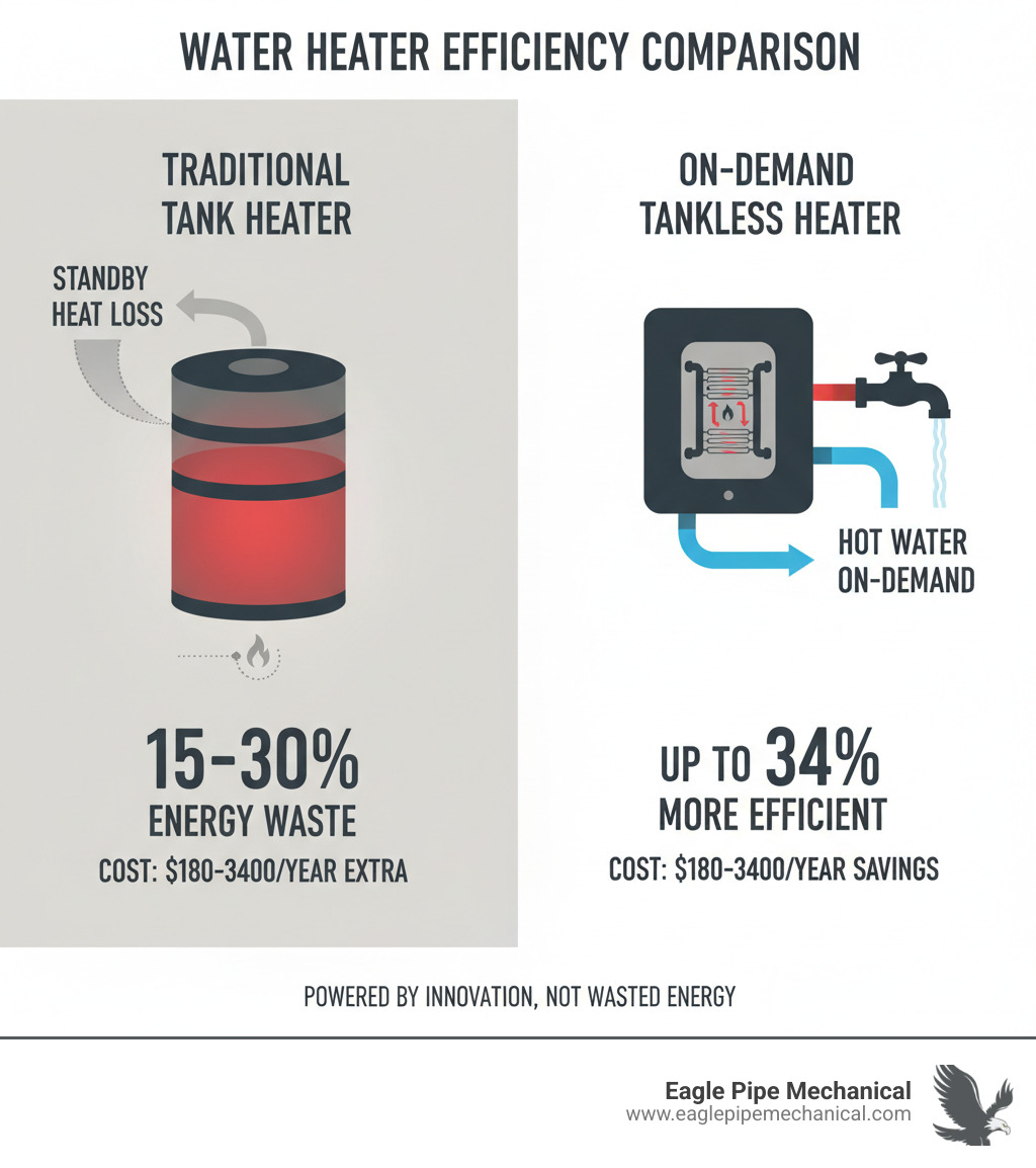 infographic comparing traditional storage tank water heater showing standby heat loss versus on-demand tankless system showing water flowing through heat exchanger only when tap is open, with efficiency percentages and energy cost differences - on demand water heater infographic
