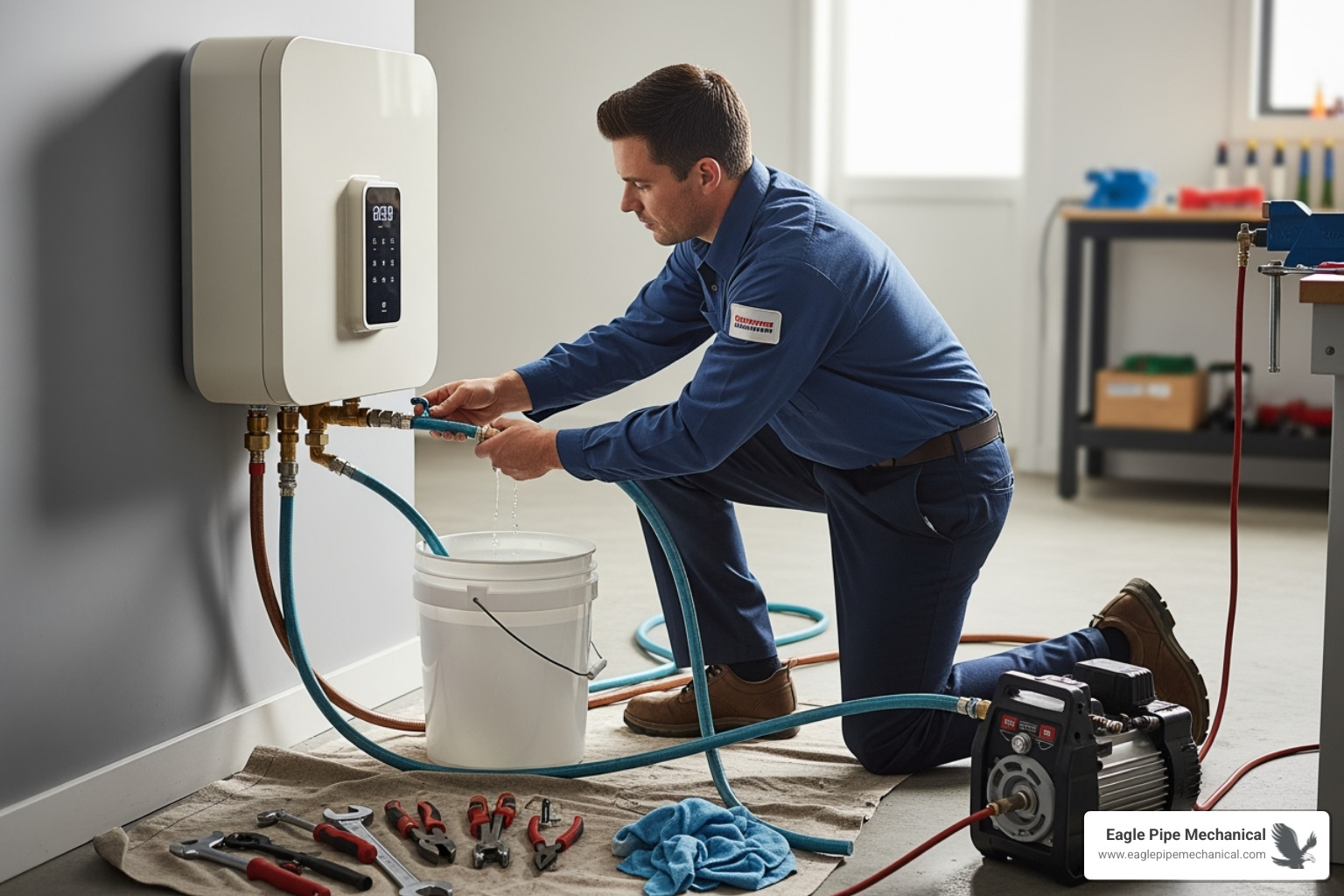 a professional technician in uniform performing a descaling service on a wall-mounted tankless water heater unit, with tools and hoses visible - on demand water heater