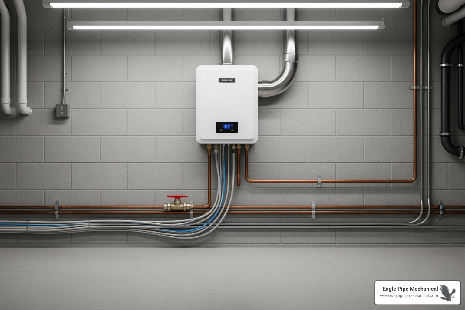 a compact tankless water heater unit mounted on a wall, leaving ample floor space in a commercial utility room - on demand water heater